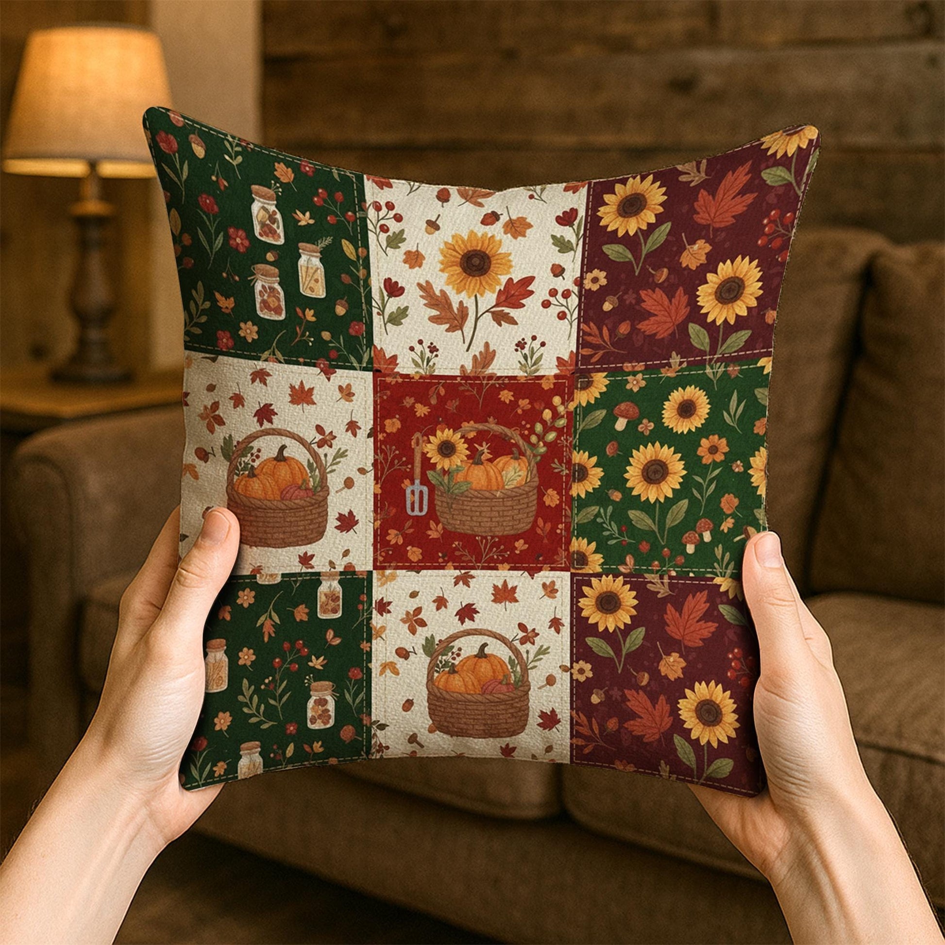 Autumn Patchwork style Pillow Sunflower Pumpkin Fall Decor