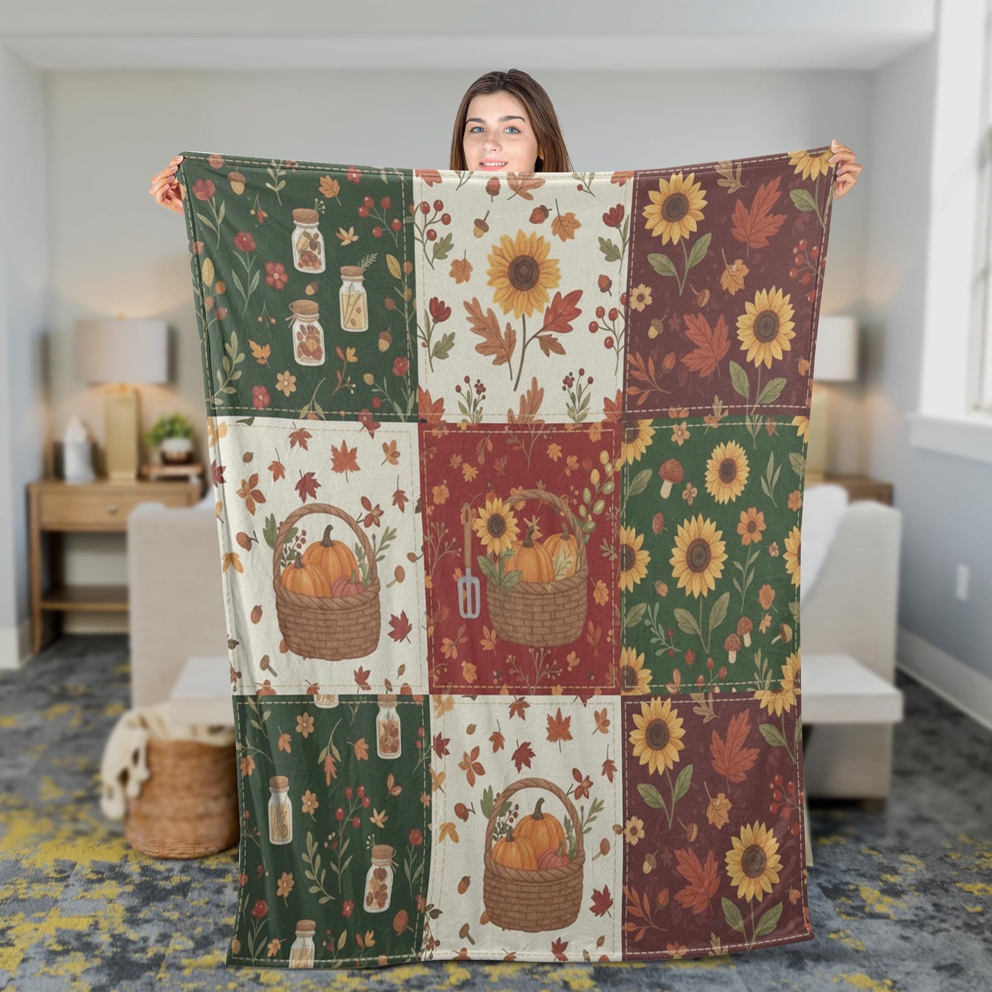 Autumn Patchwork Fleece Blanket Sunflower Pumpkin Fall Decor