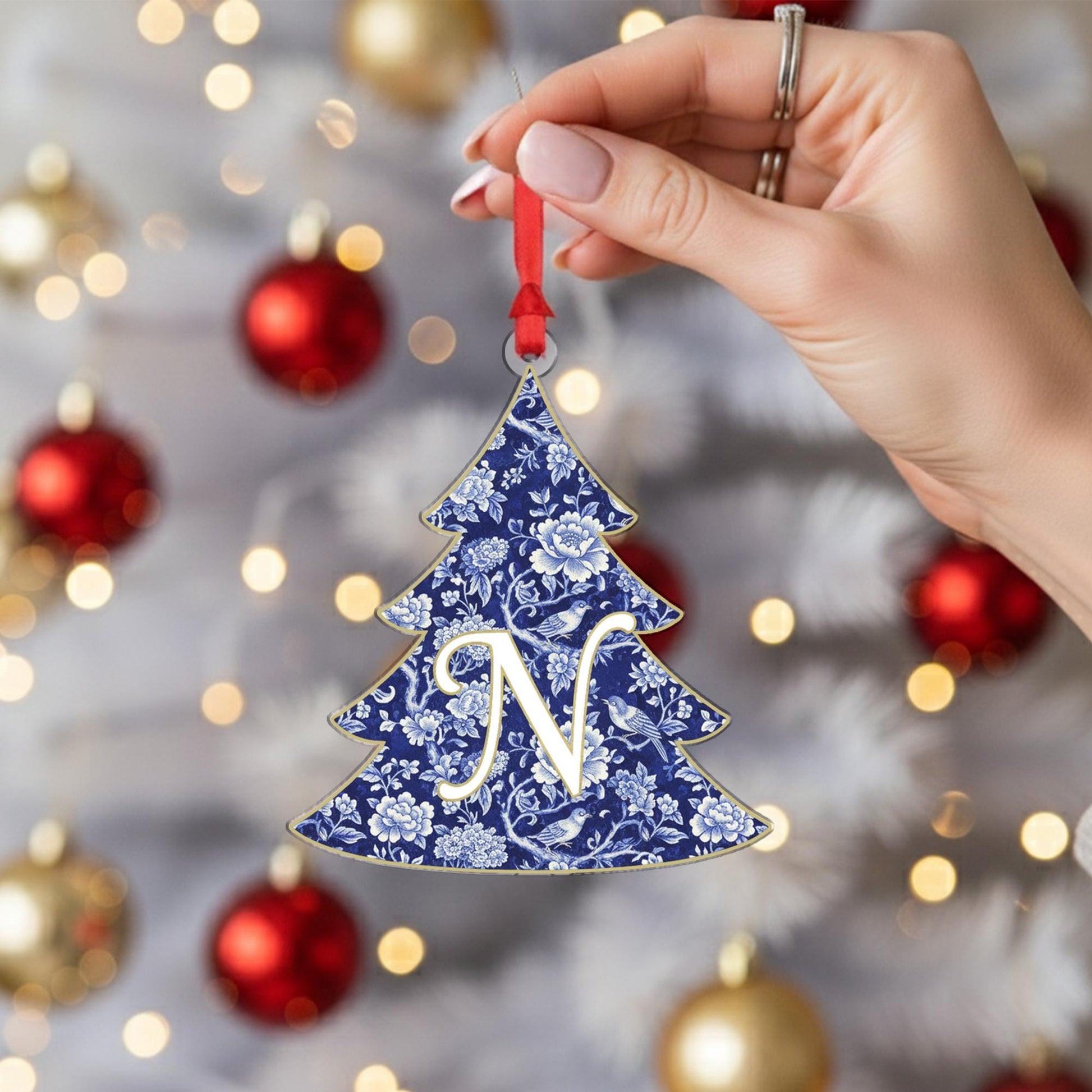 Personalized Initial Ornament – Custom Tree Decoration Blue Floral Design