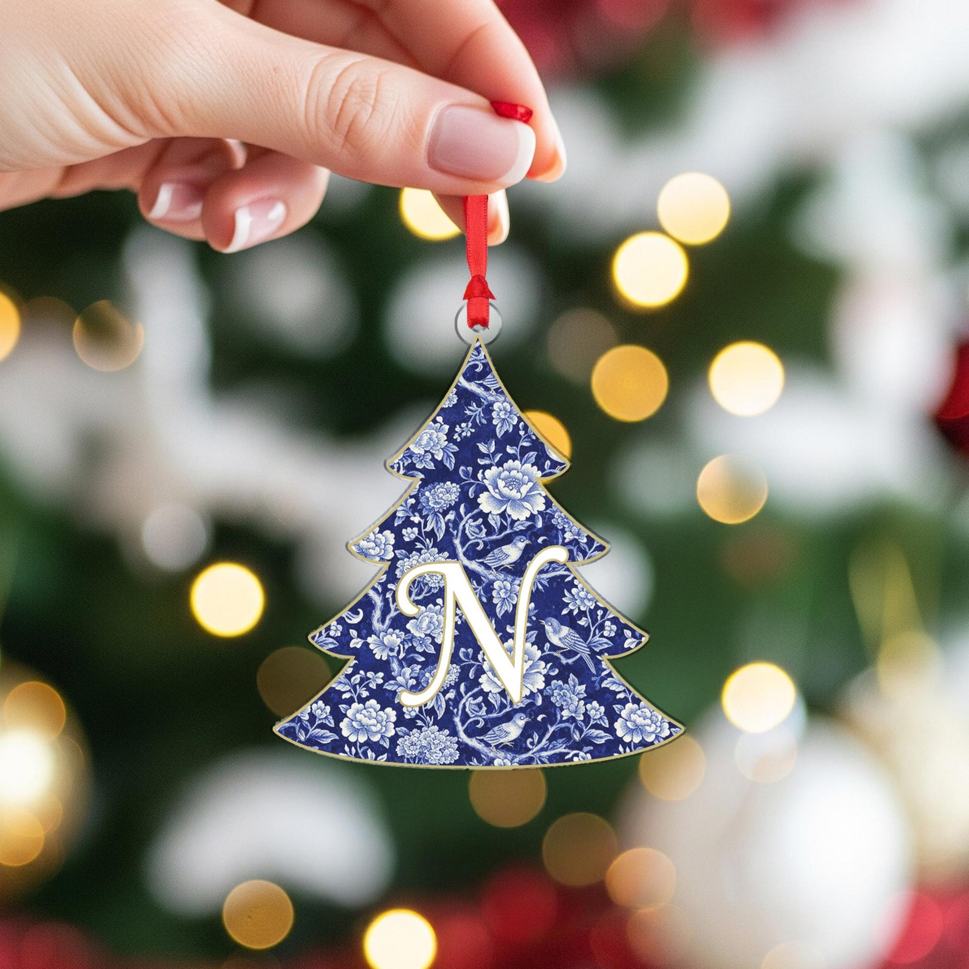 Personalized Initial Ornament – Custom Tree Decoration Blue Floral Design