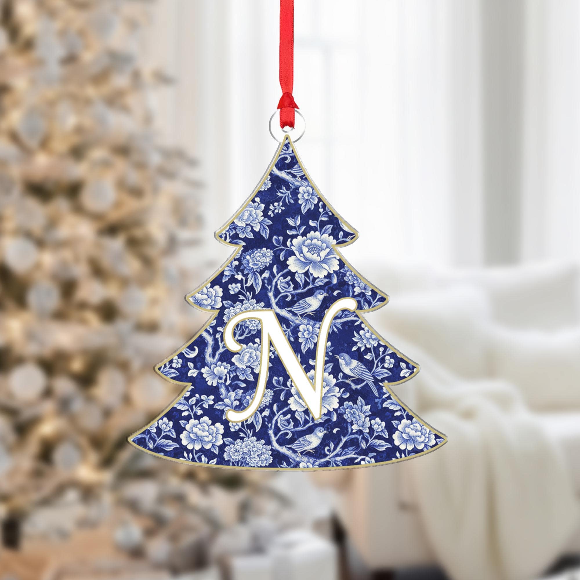 Personalized Initial Ornament – Custom Tree Decoration Blue Floral Design