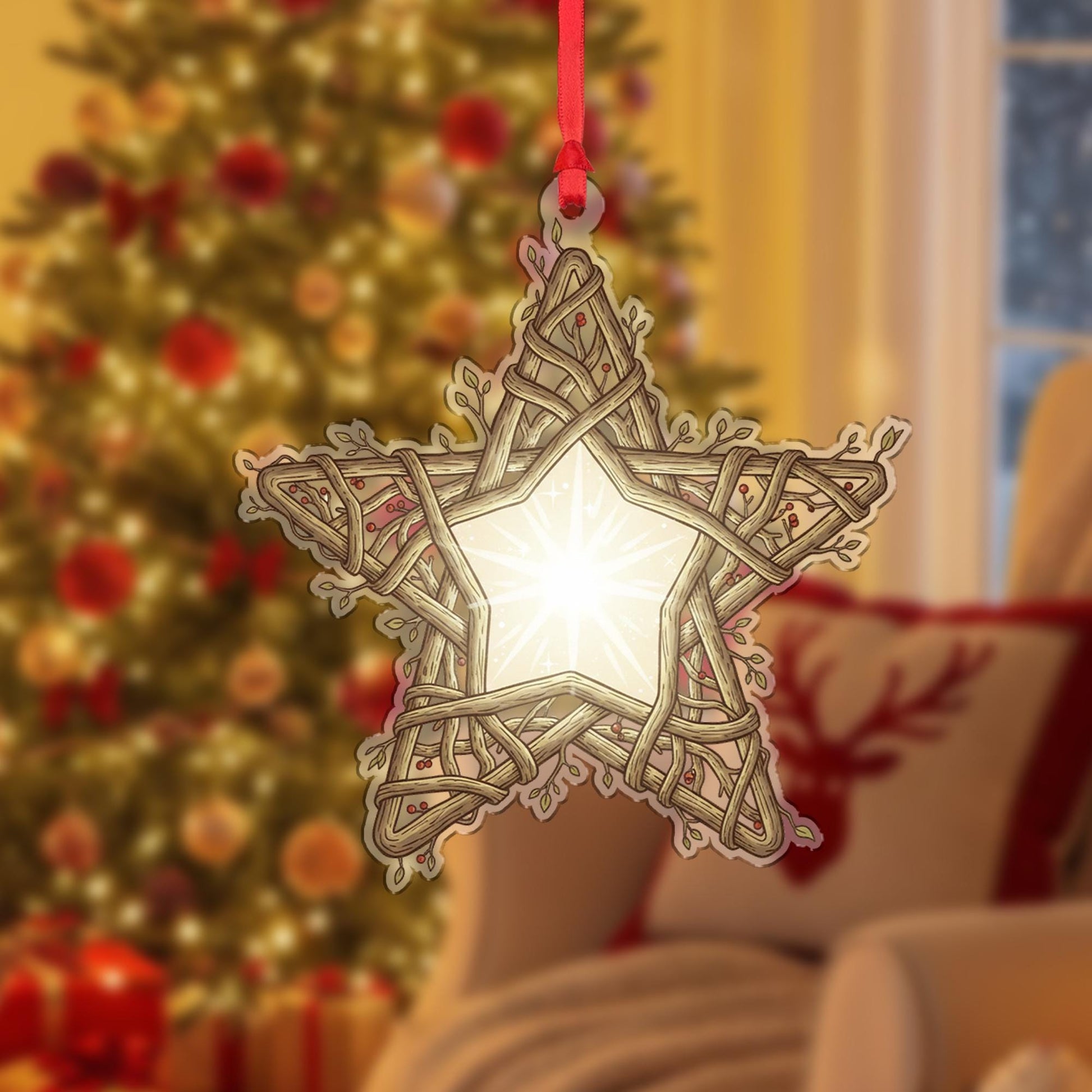 Wooden Star Ornament – Rustic Woven Decoration with Lighted Design