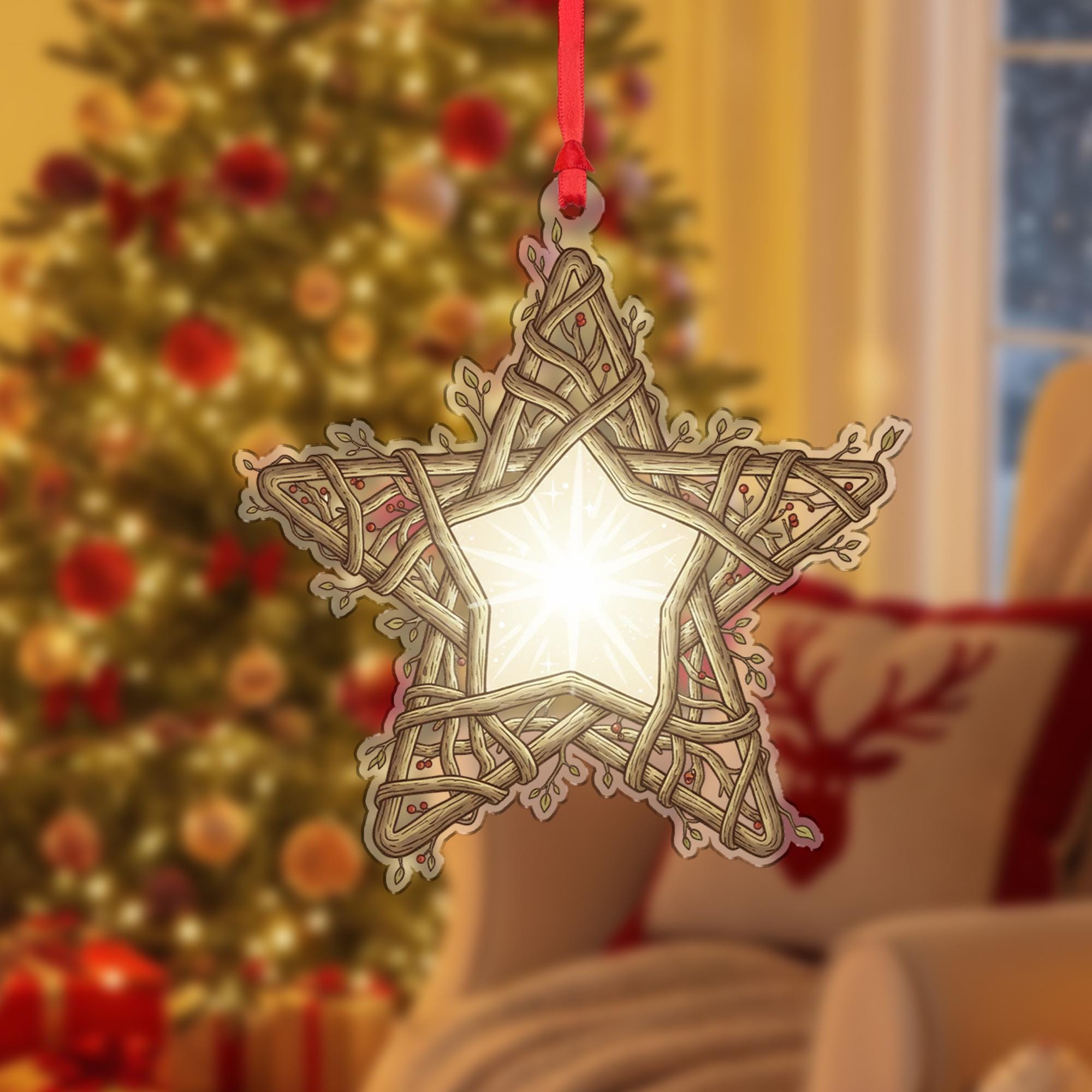 Wooden Star Ornament – Rustic Woven Decoration with Lighted Design