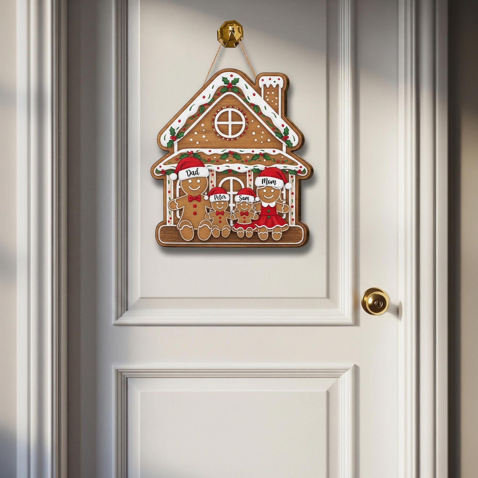 Personalized Wooden Door Hanger – Custom Gingerbread House Family Sign