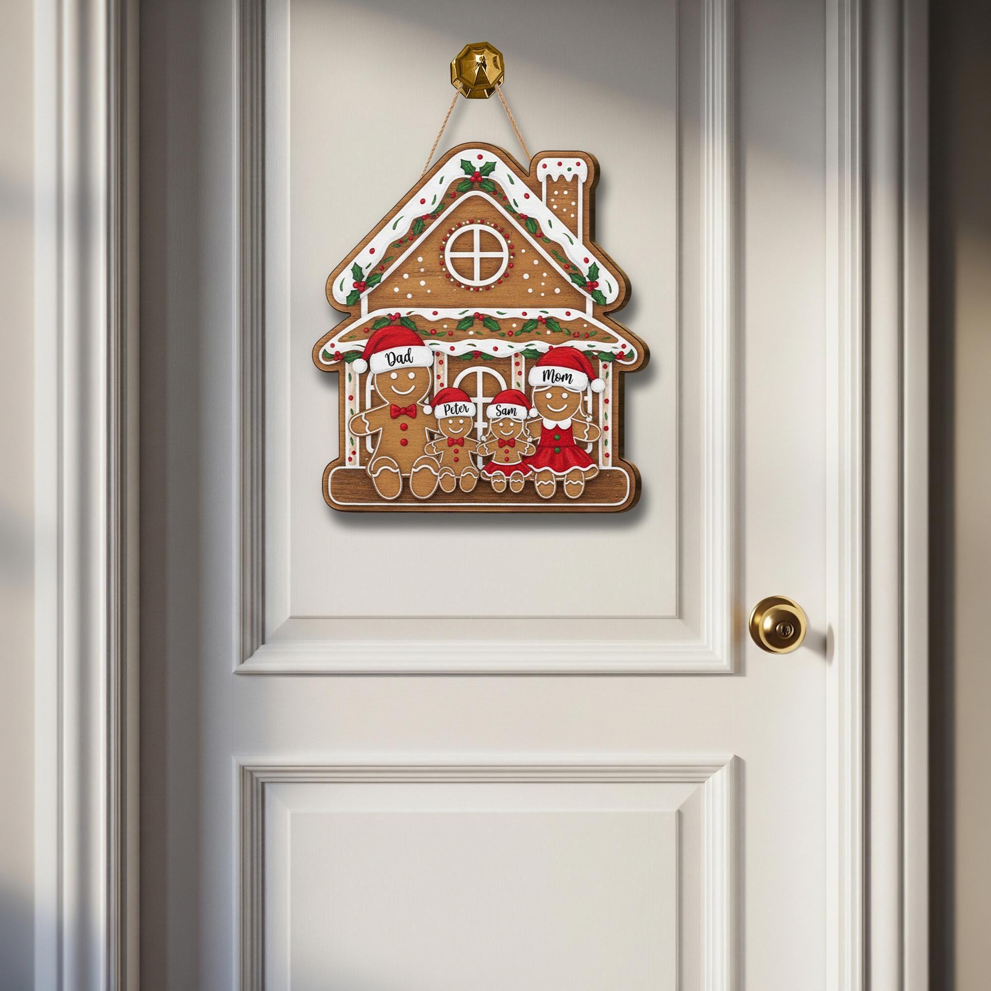 Personalized Wooden Door Hanger – Custom Gingerbread House Family Sign
