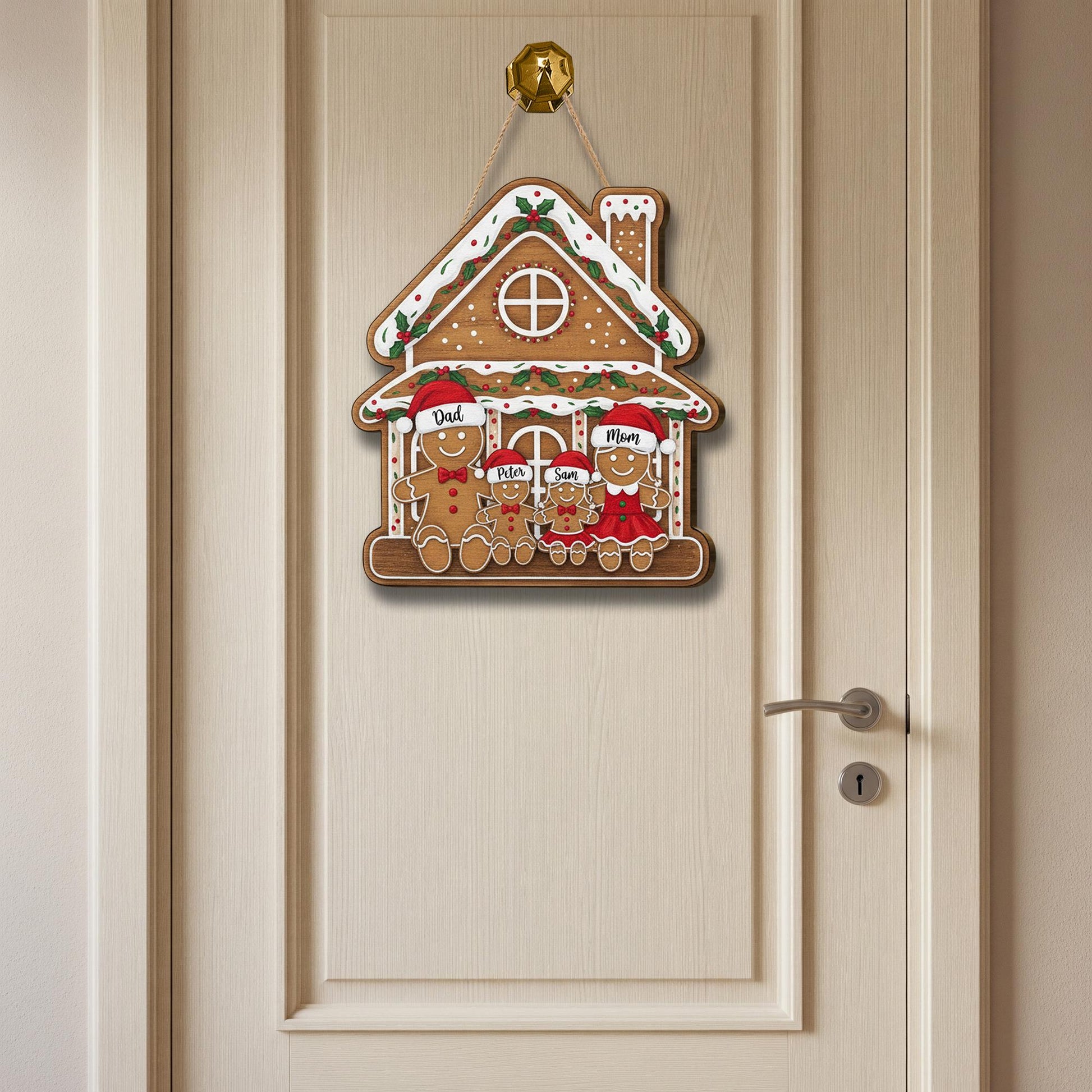 Personalized Wooden Door Hanger – Custom Gingerbread House Family Sign