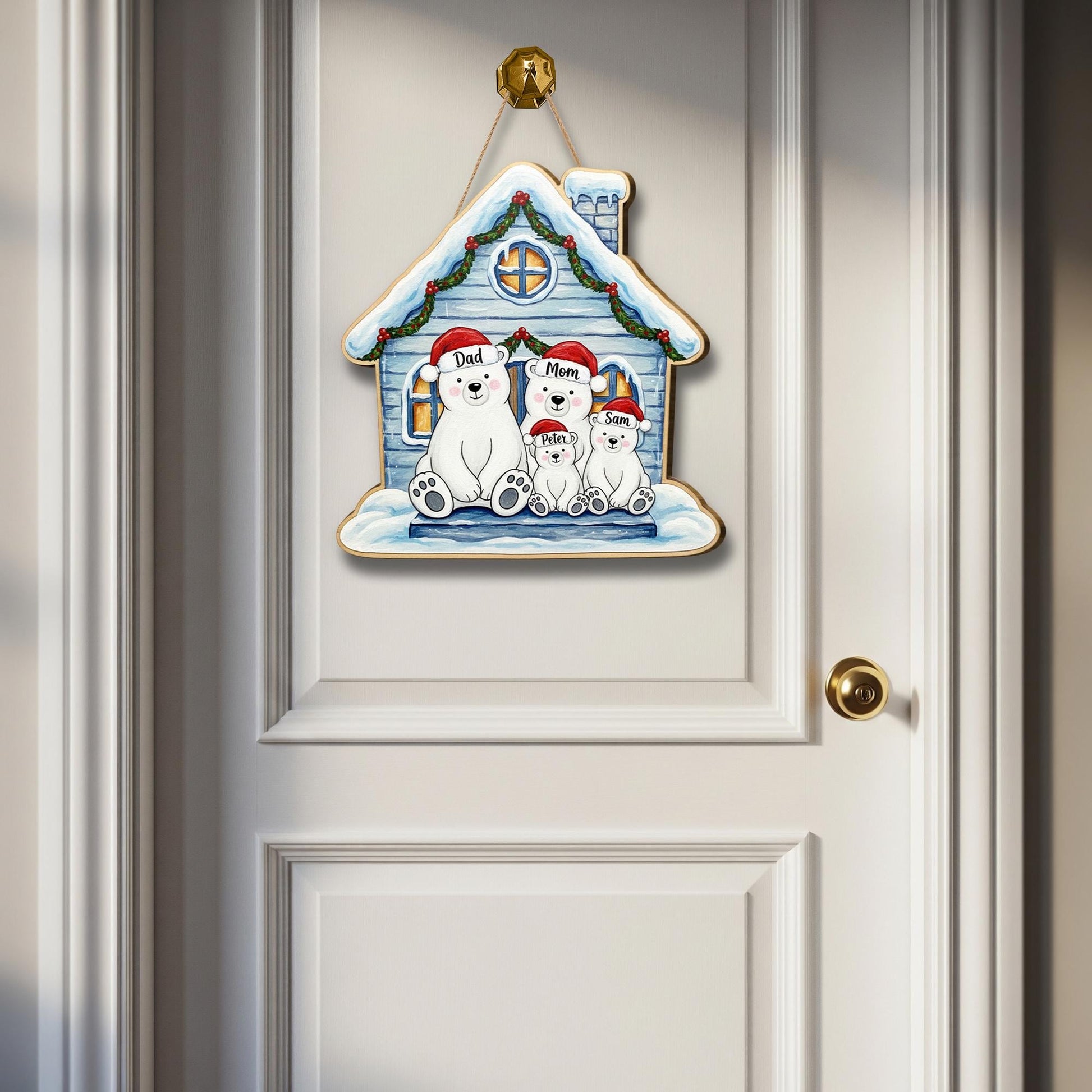 Personalized Wooden Door Hanger – Custom Polar Bear Family House Sign