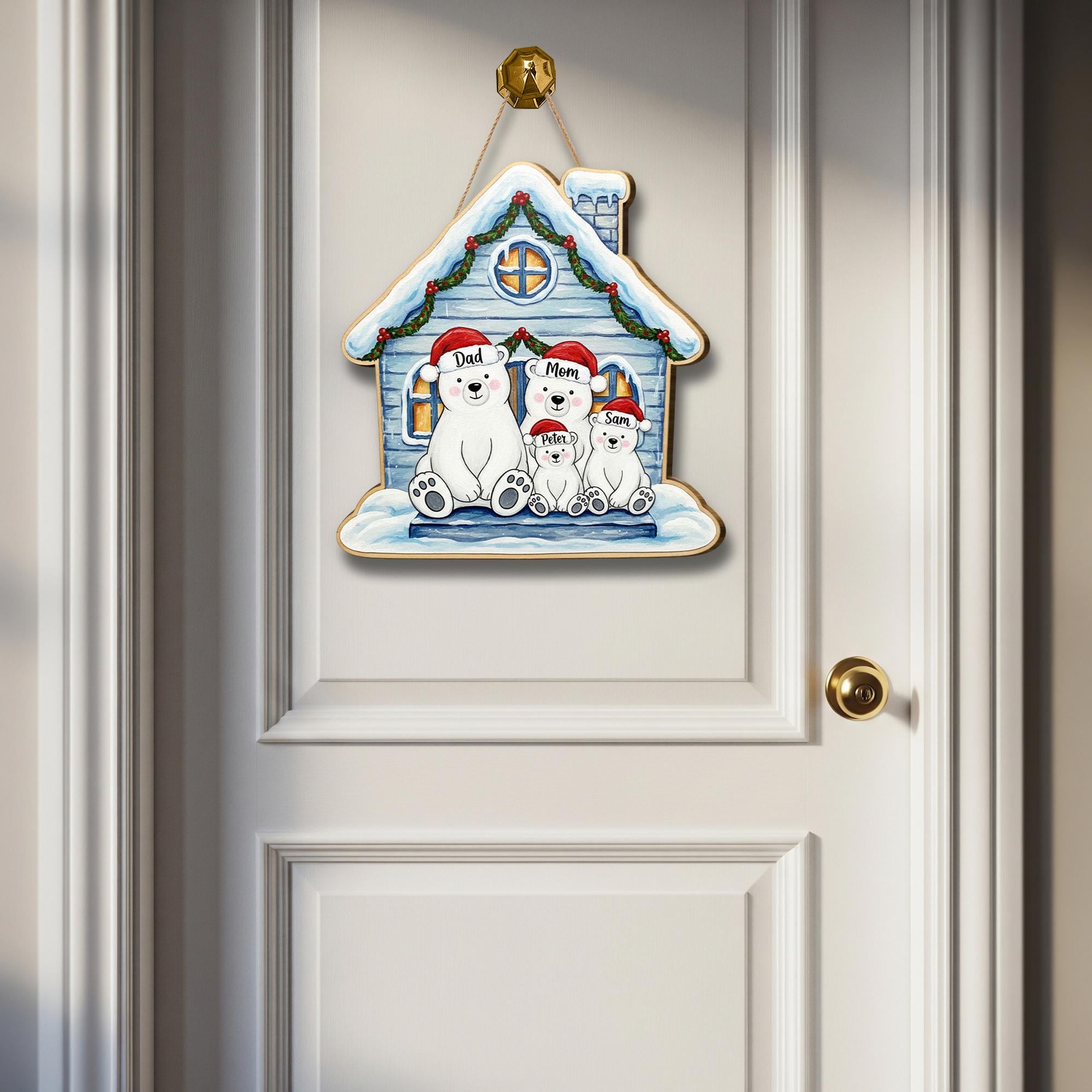 Personalized Wooden Door Hanger – Custom Polar Bear Family House Sign