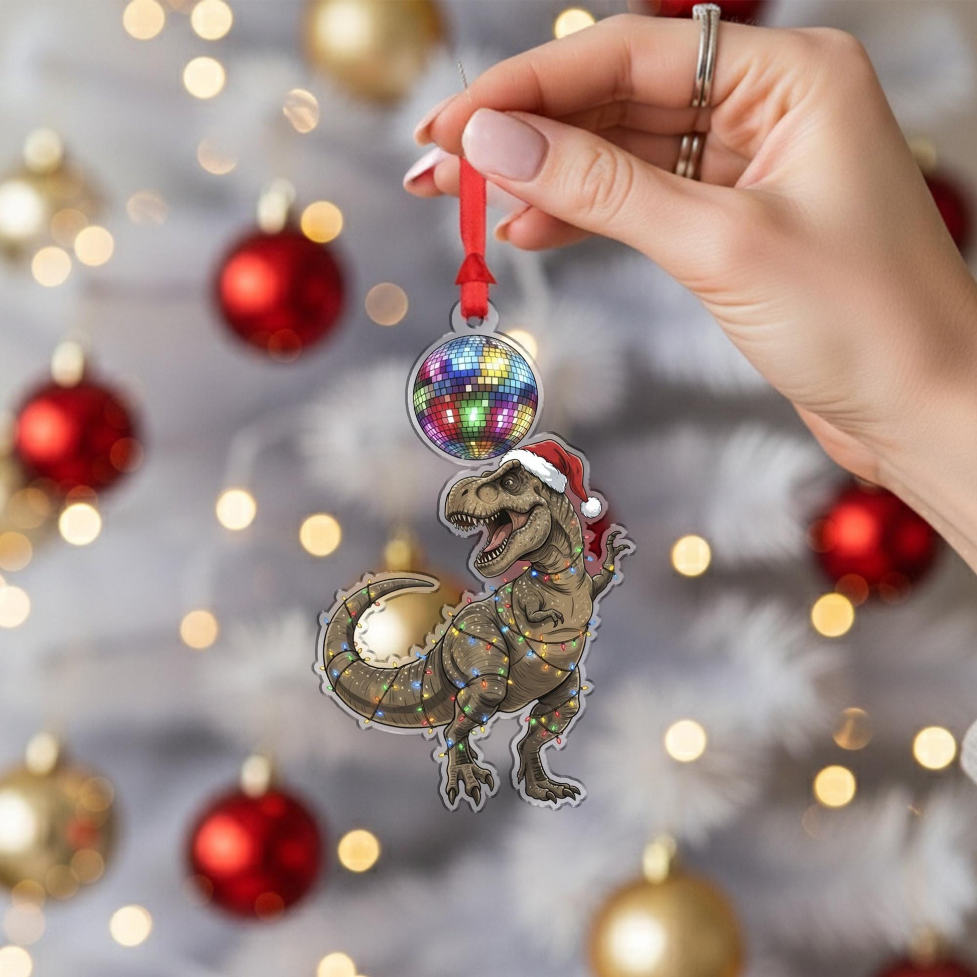Dinosaur Christmas Ornament – T Rex Decoration with Disco Ball and Lights