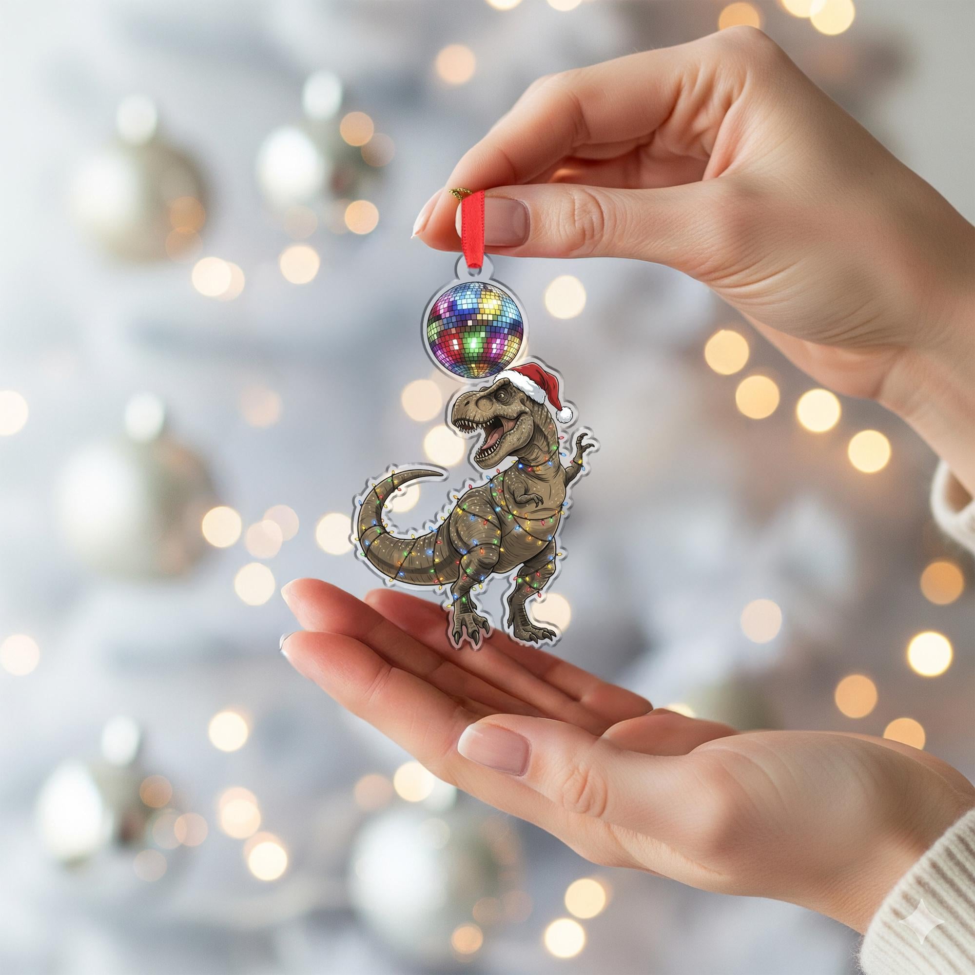 Dinosaur Christmas Ornament – T Rex Decoration with Disco Ball and Lights