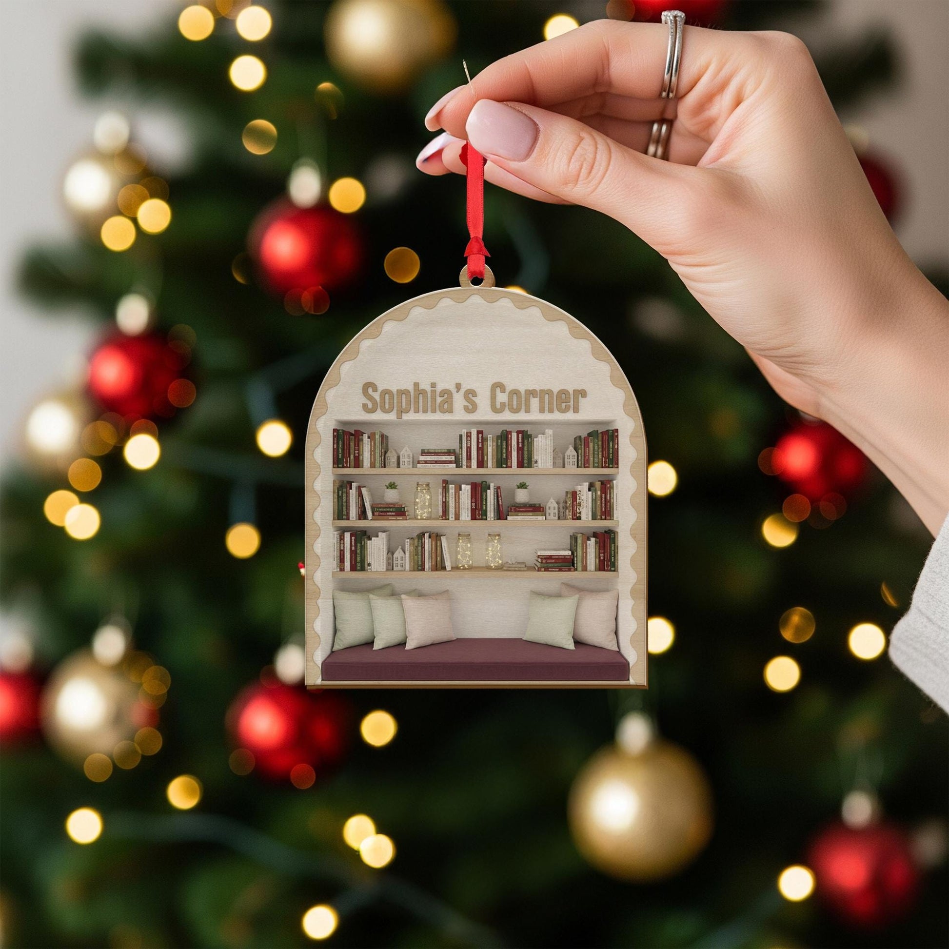 Personalized Wood Ornament – Custom Bookshelf Decoration with Reading Nook
