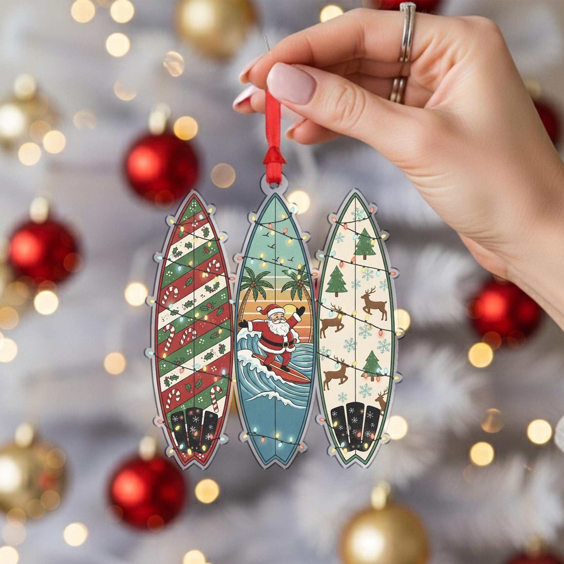 Surfboard Christmas Ornament – Santa Decoration with Holiday Patterns