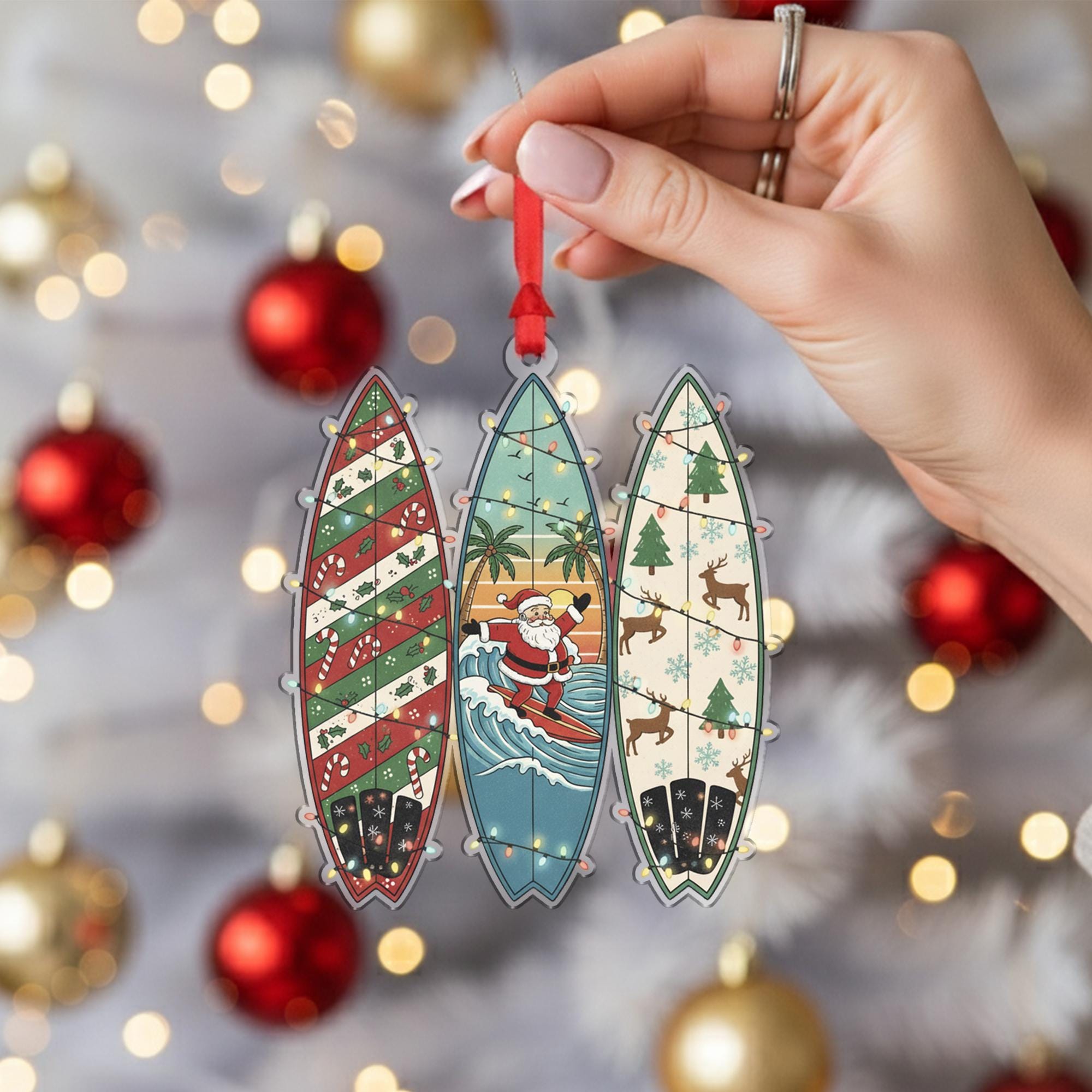 Surfboard Christmas Ornament – Santa Decoration with Holiday Patterns