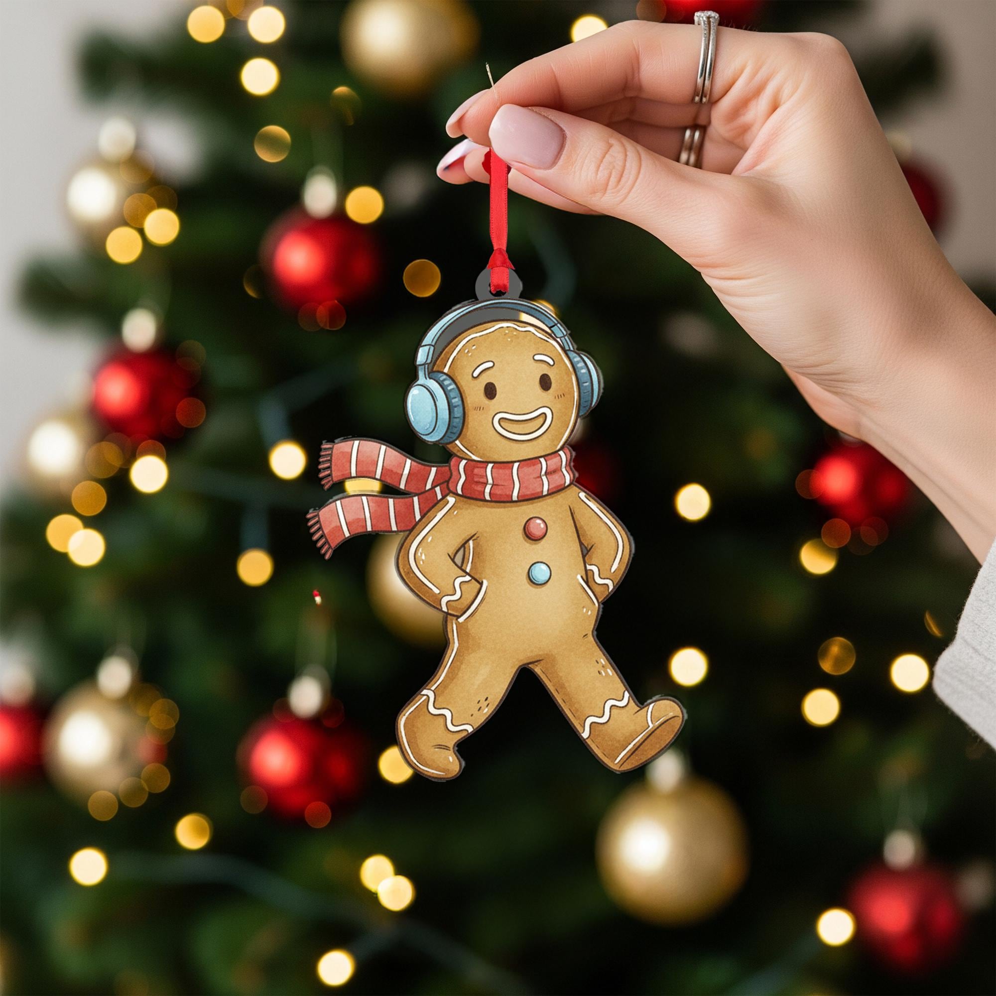 Gingerbread Man Christmas Ornament – Cookie Decoration with Scarf and Headphones