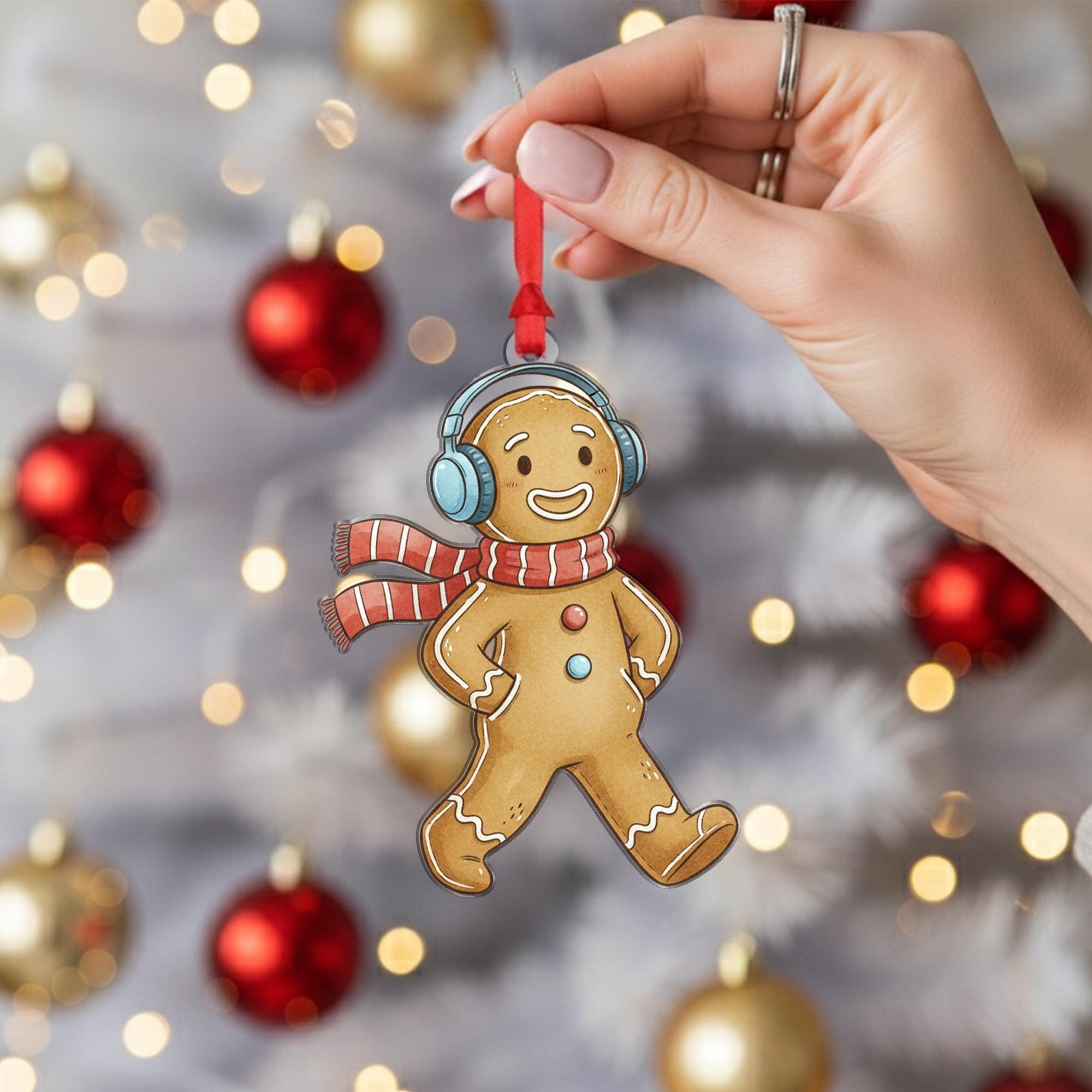 Gingerbread Man Christmas Ornament – Cookie Decoration with Scarf and Headphones