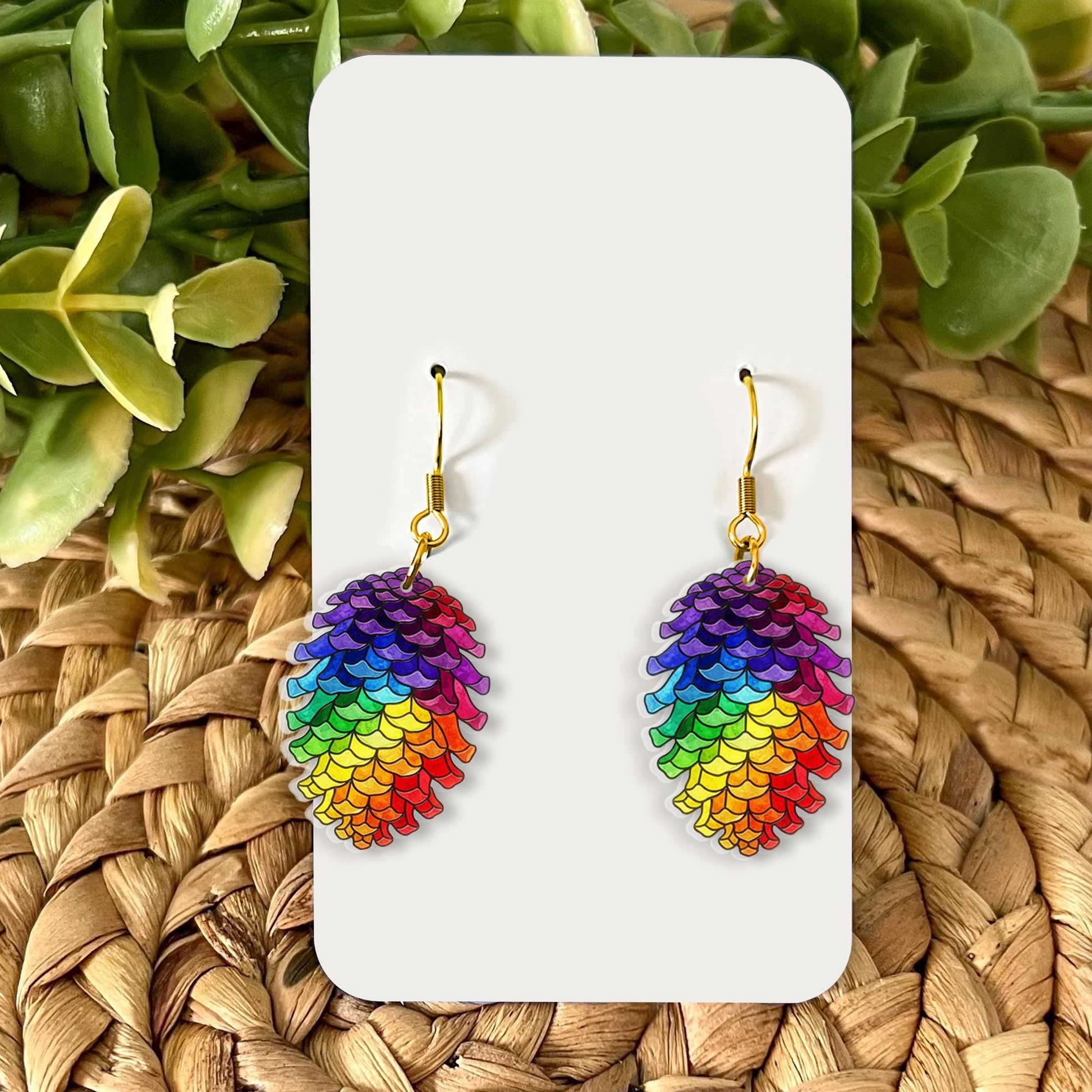 Rainbow Pinecone Earrings – Colorful Dangle Jewelry with Nature Design