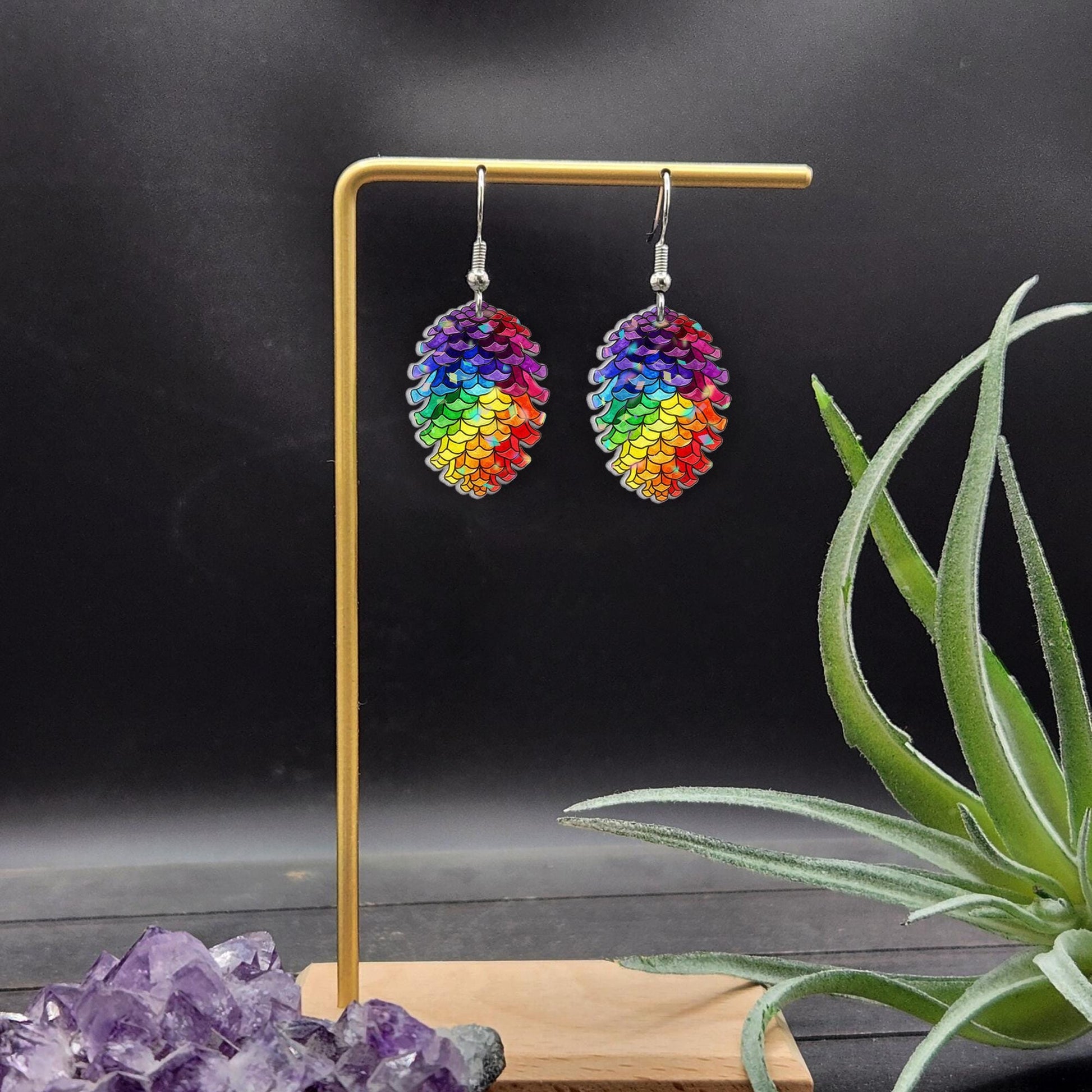Rainbow Pinecone Earrings – Colorful Dangle Jewelry with Nature Design