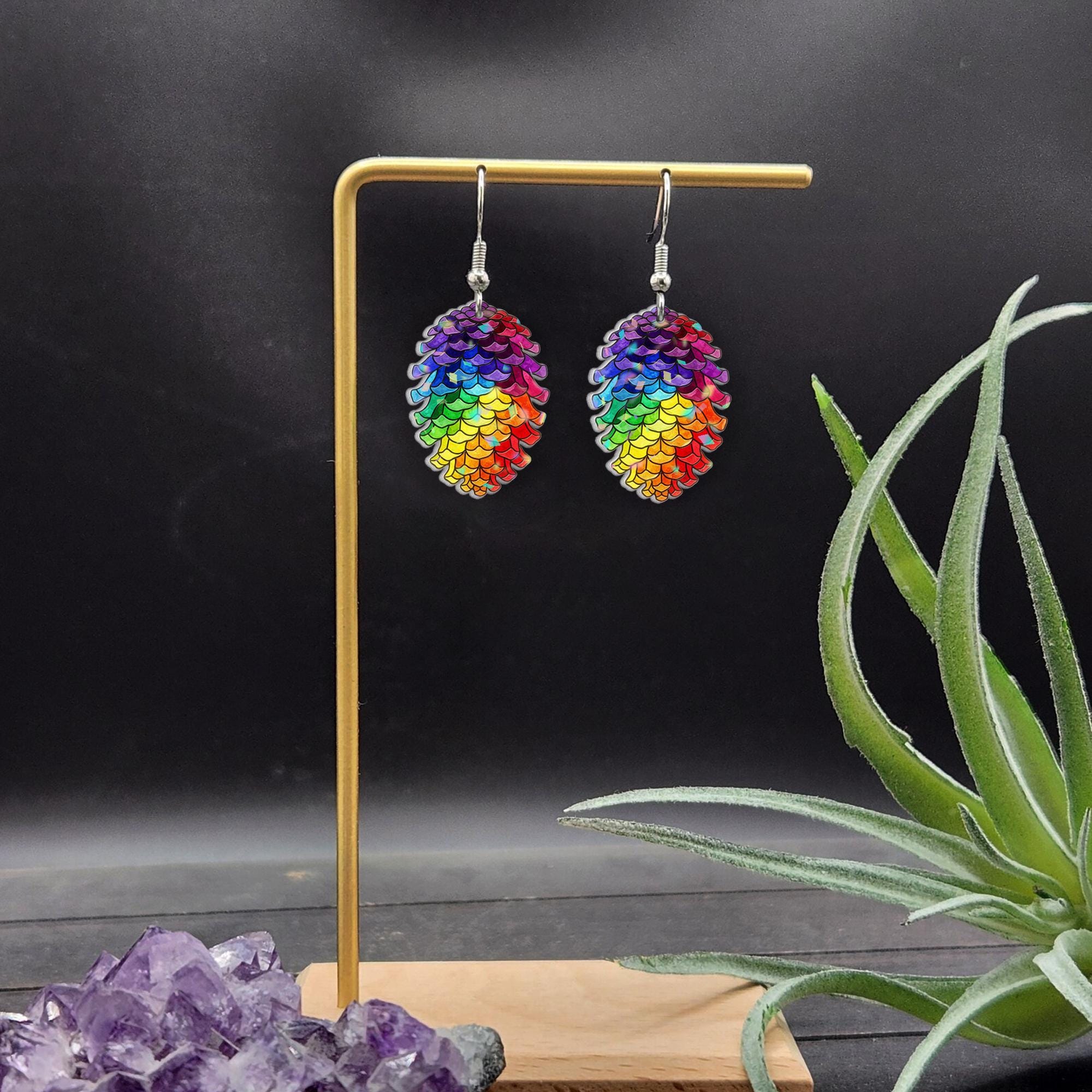 Rainbow Pinecone Earrings – Colorful Dangle Jewelry with Nature Design