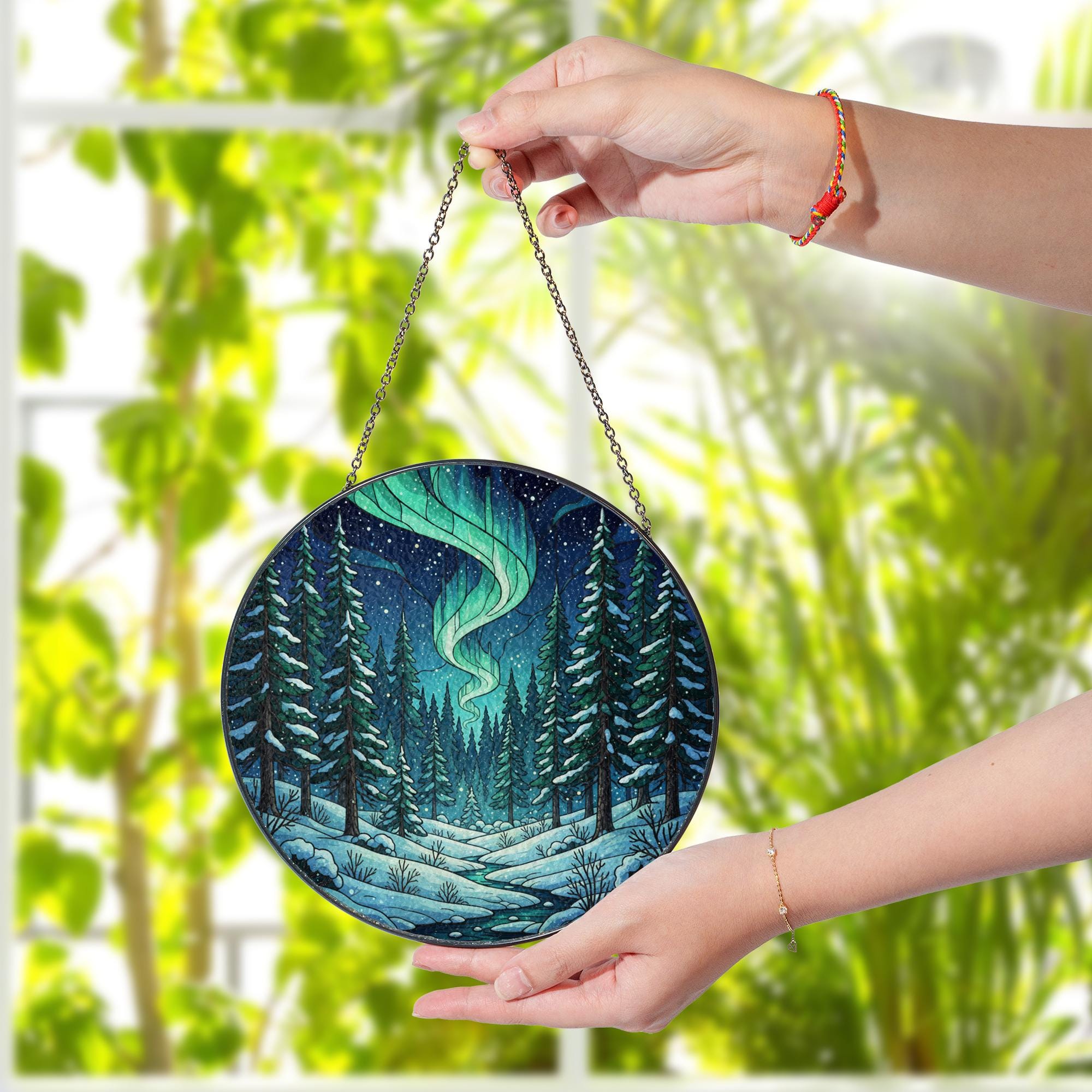 Glass Suncatcher – Northern Lights Decoration with Winter Forest Design