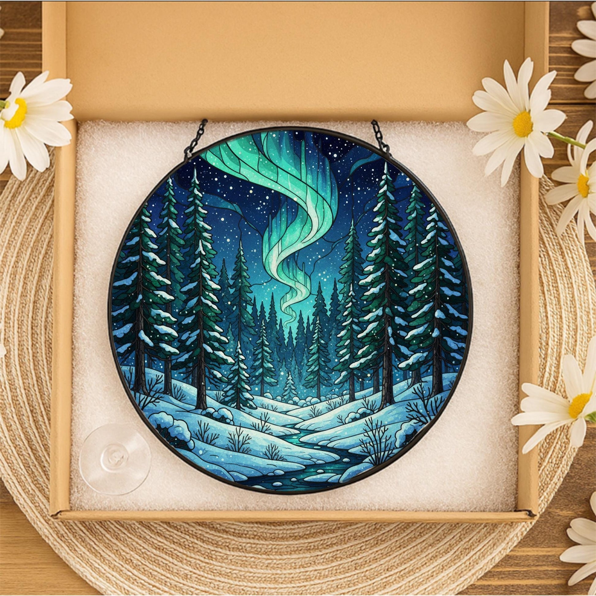 Glass Suncatcher – Northern Lights Decoration with Winter Forest Design