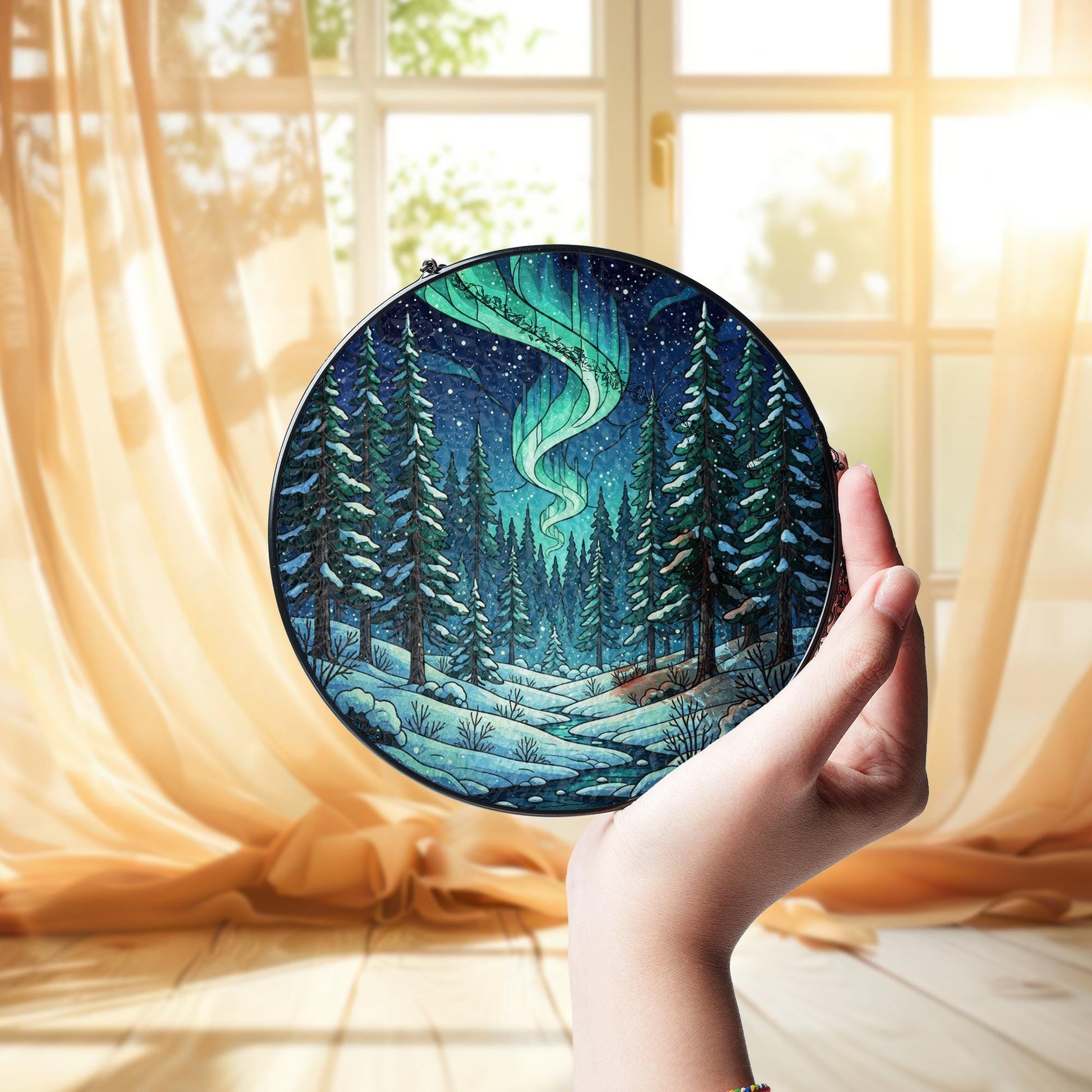 Glass Suncatcher – Northern Lights Decoration with Winter Forest Design