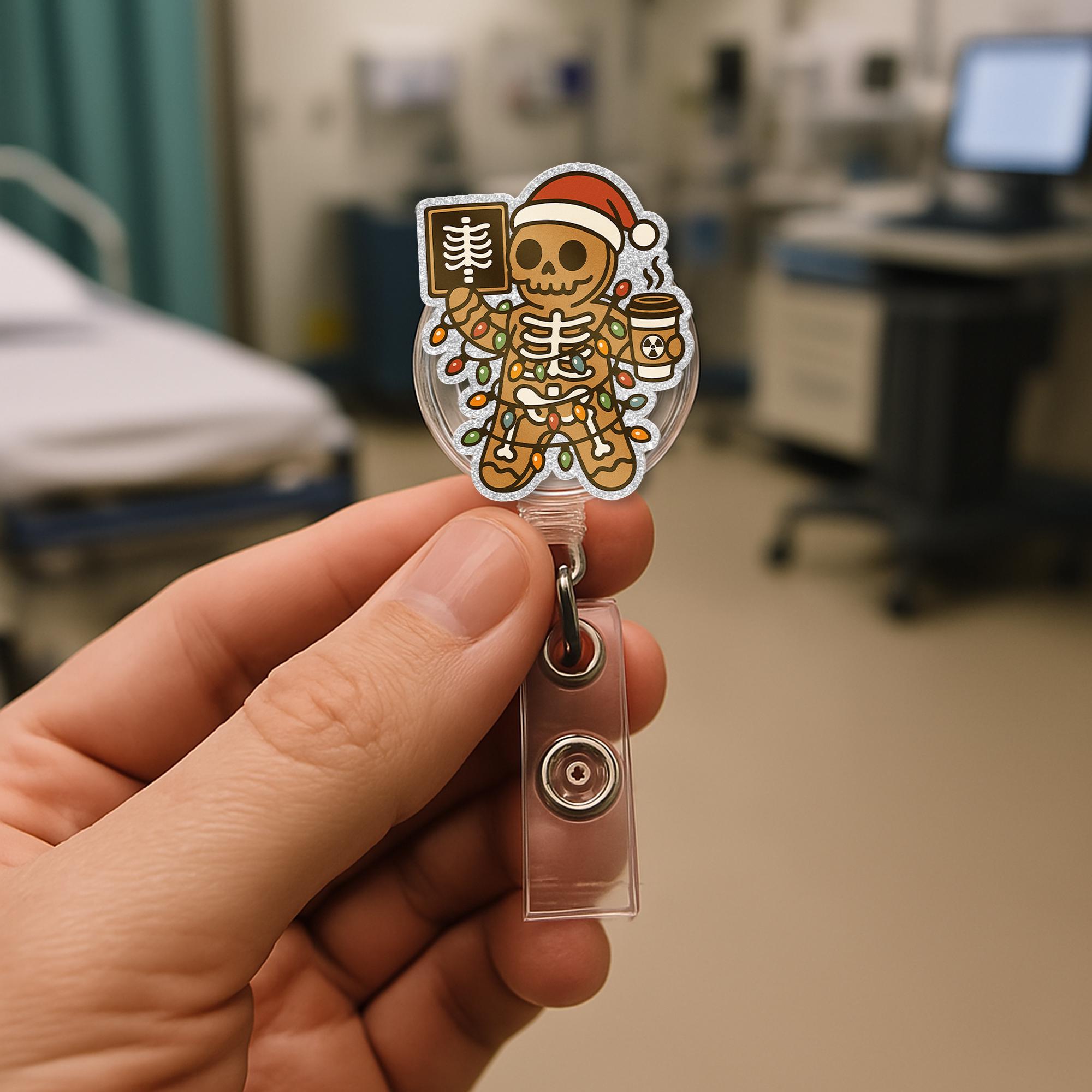 Gingerbread Skeleton Xray Christmas Badge Reel Retractable ID Holder