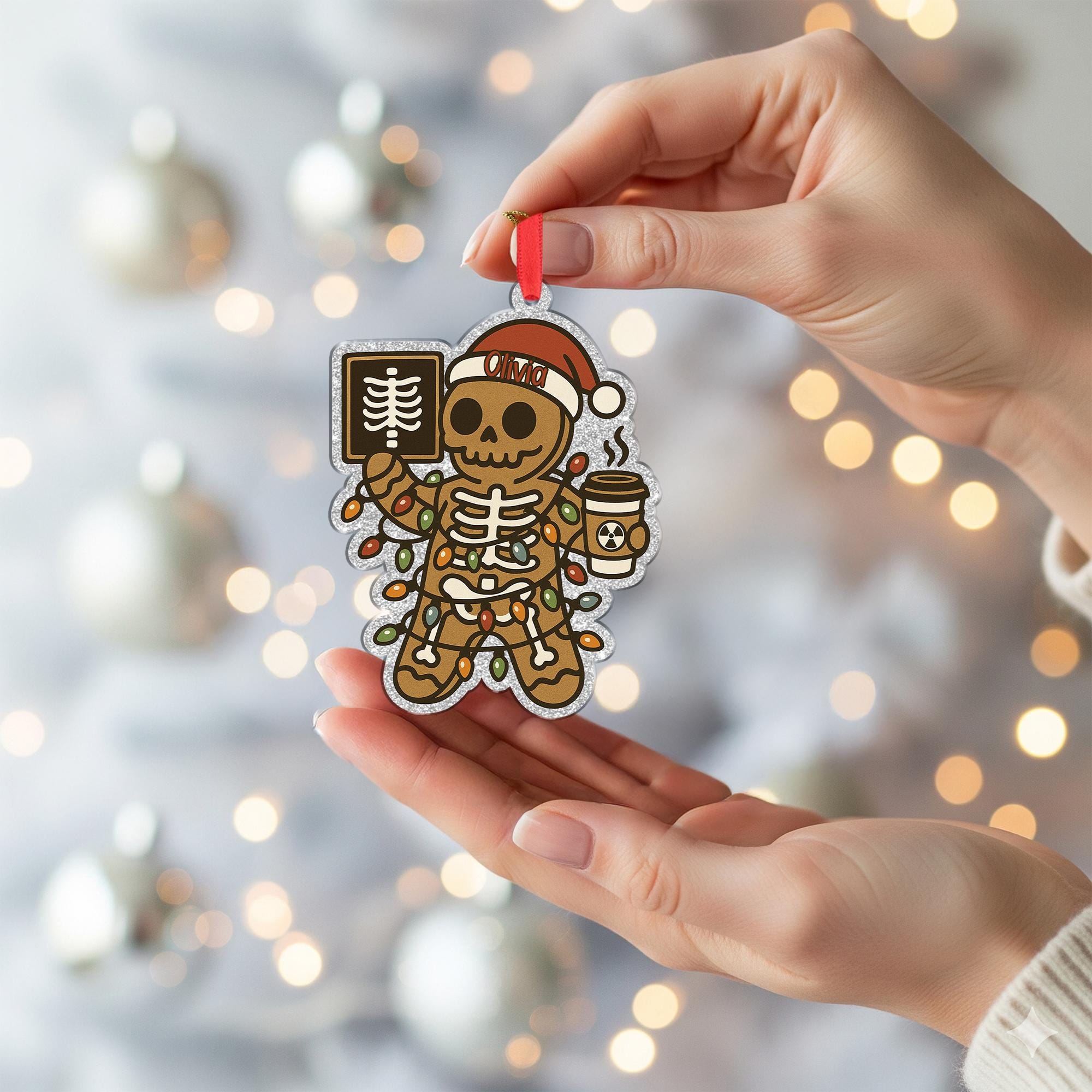 Custom X-Ray Gingerbread Skeleton Faux Glitter Christmas Ornament