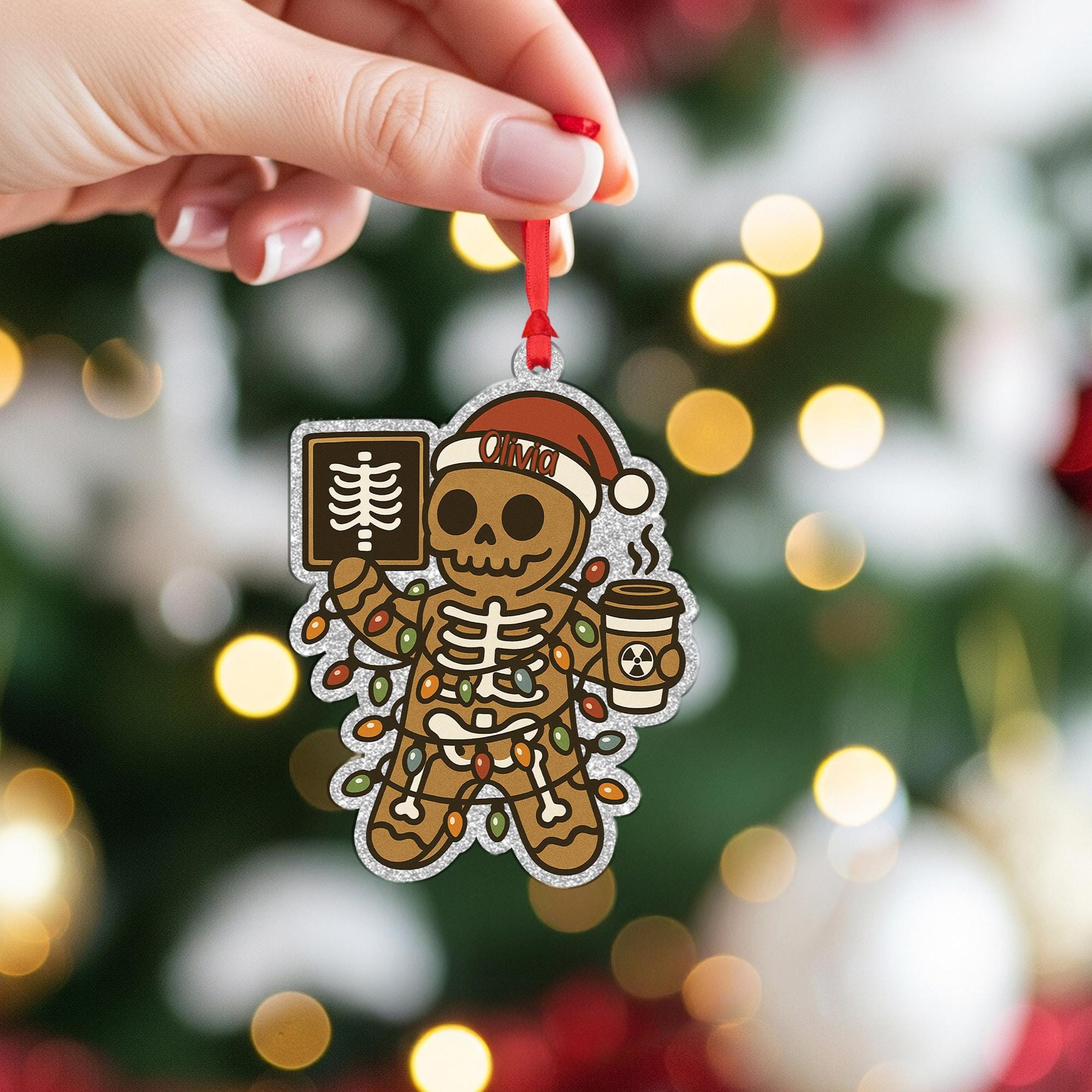 Custom X-Ray Gingerbread Skeleton Faux Glitter Christmas Ornament