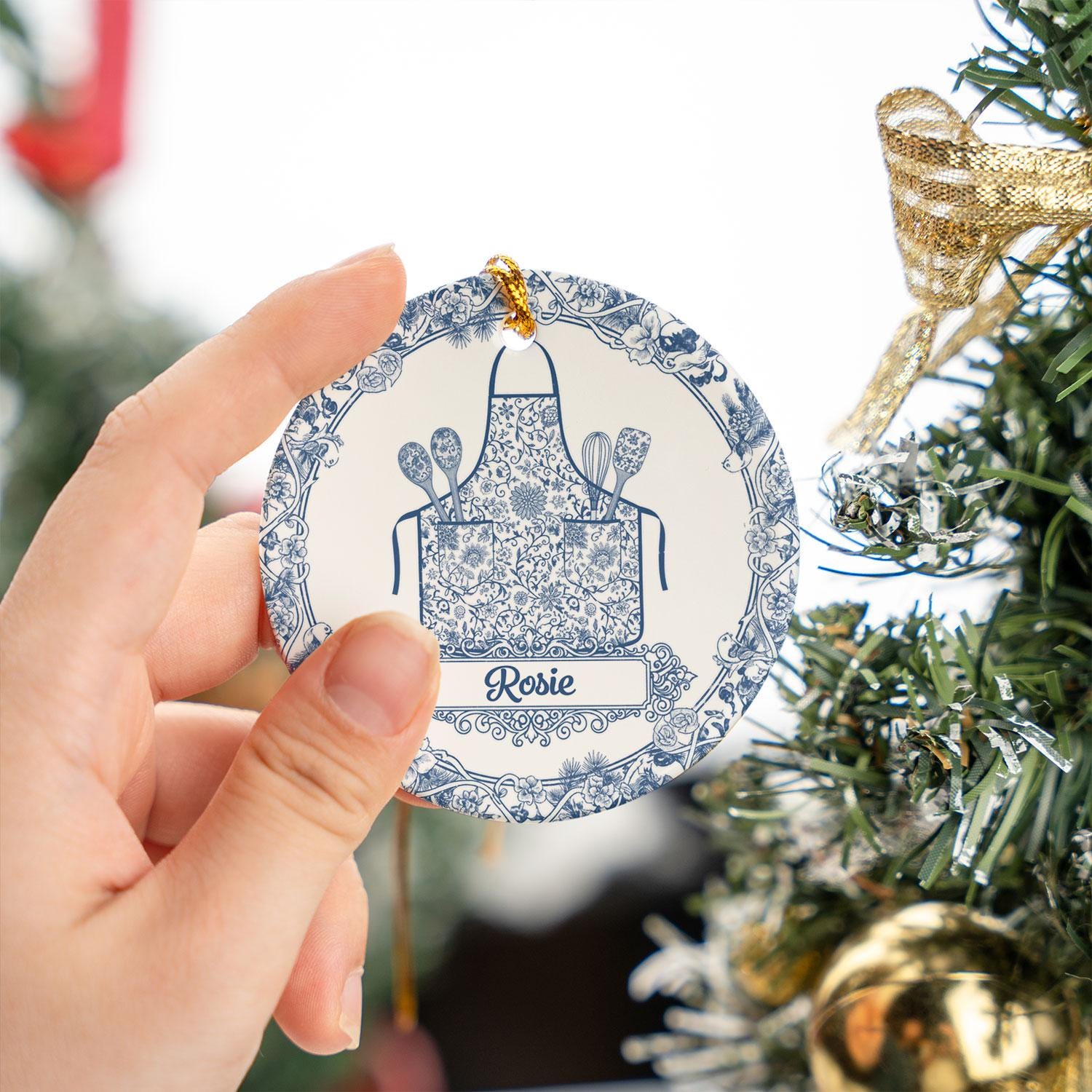 Ceramic Ornament, Chef Apron Design, Blue Floral Toile, Baking Utensils, Personalized Name, Round