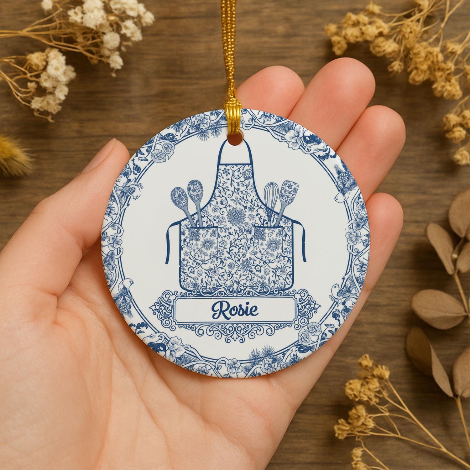 Ceramic Ornament, Chef Apron Design, Blue Floral Toile, Baking Utensils, Personalized Name, Round