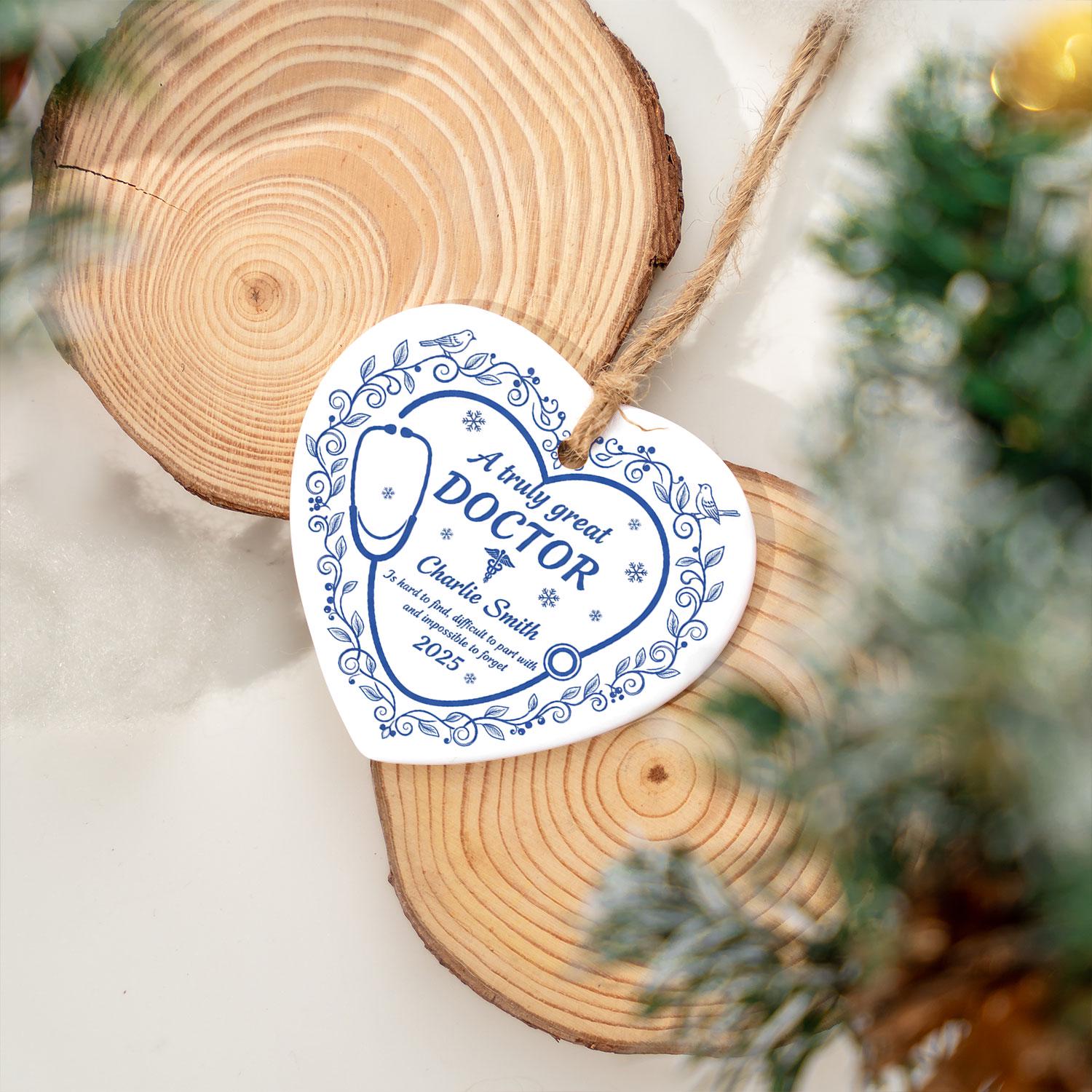 Doctor Ceramic Heart Ornament, Stethoscope Design, Personalized Name, Blue Floral, 2025