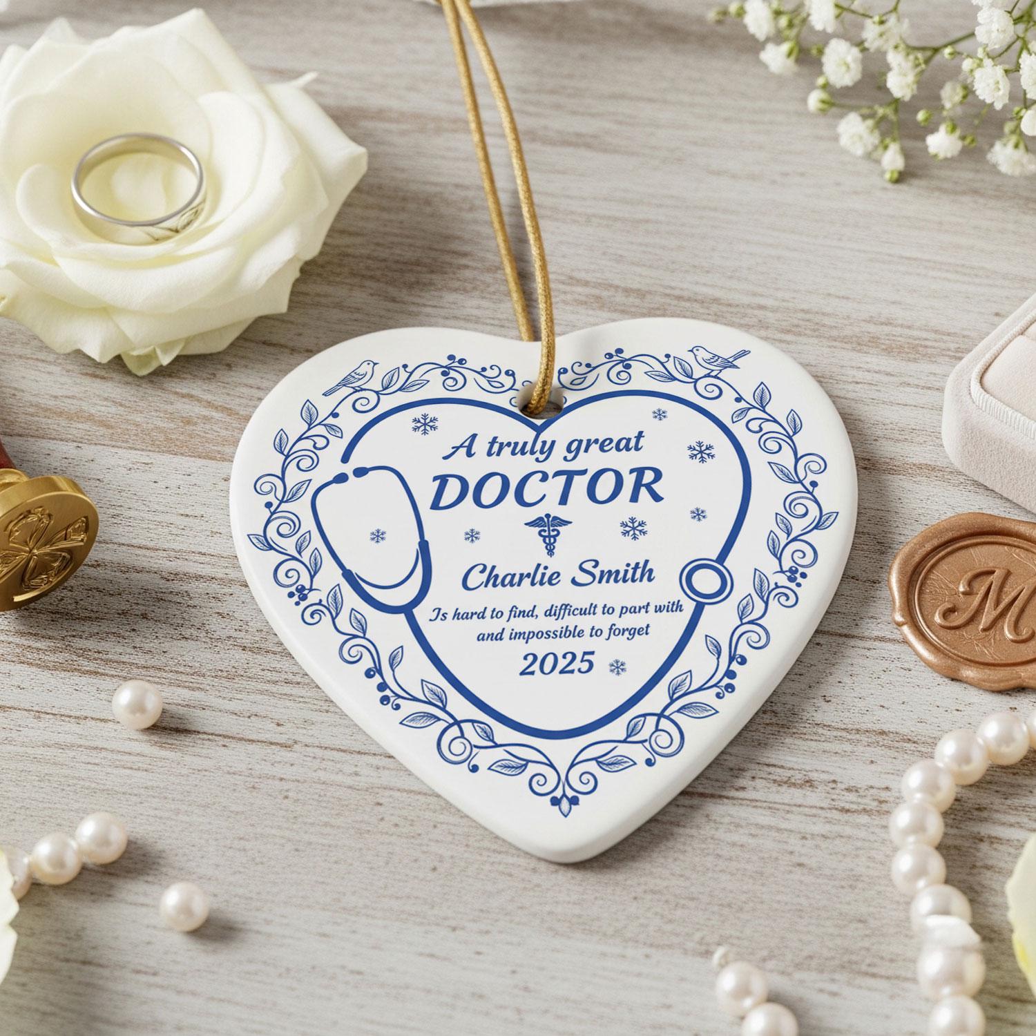 Doctor Ceramic Heart Ornament, Stethoscope Design, Personalized Name, Blue Floral, 2025