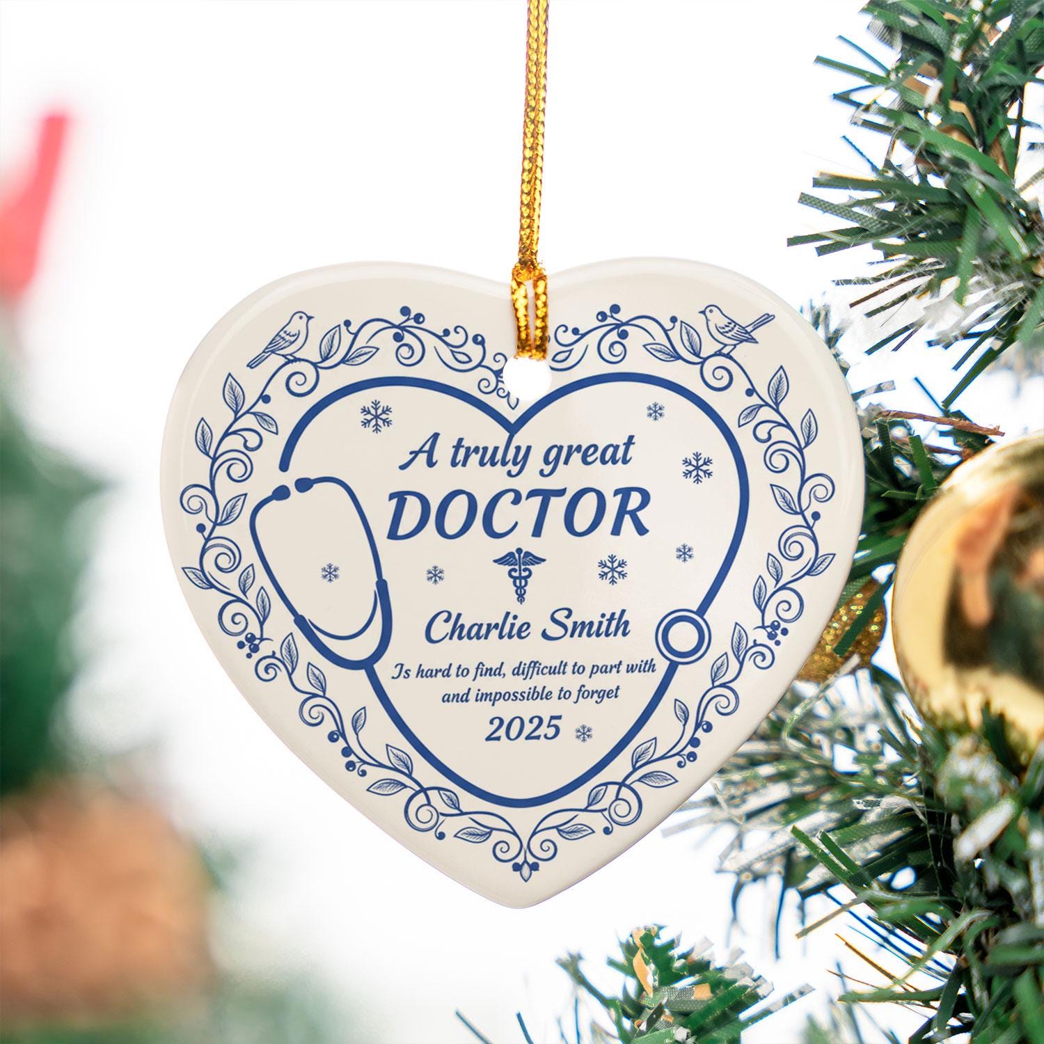 Doctor Ceramic Heart Ornament, Stethoscope Design, Personalized Name, Blue Floral, 2025