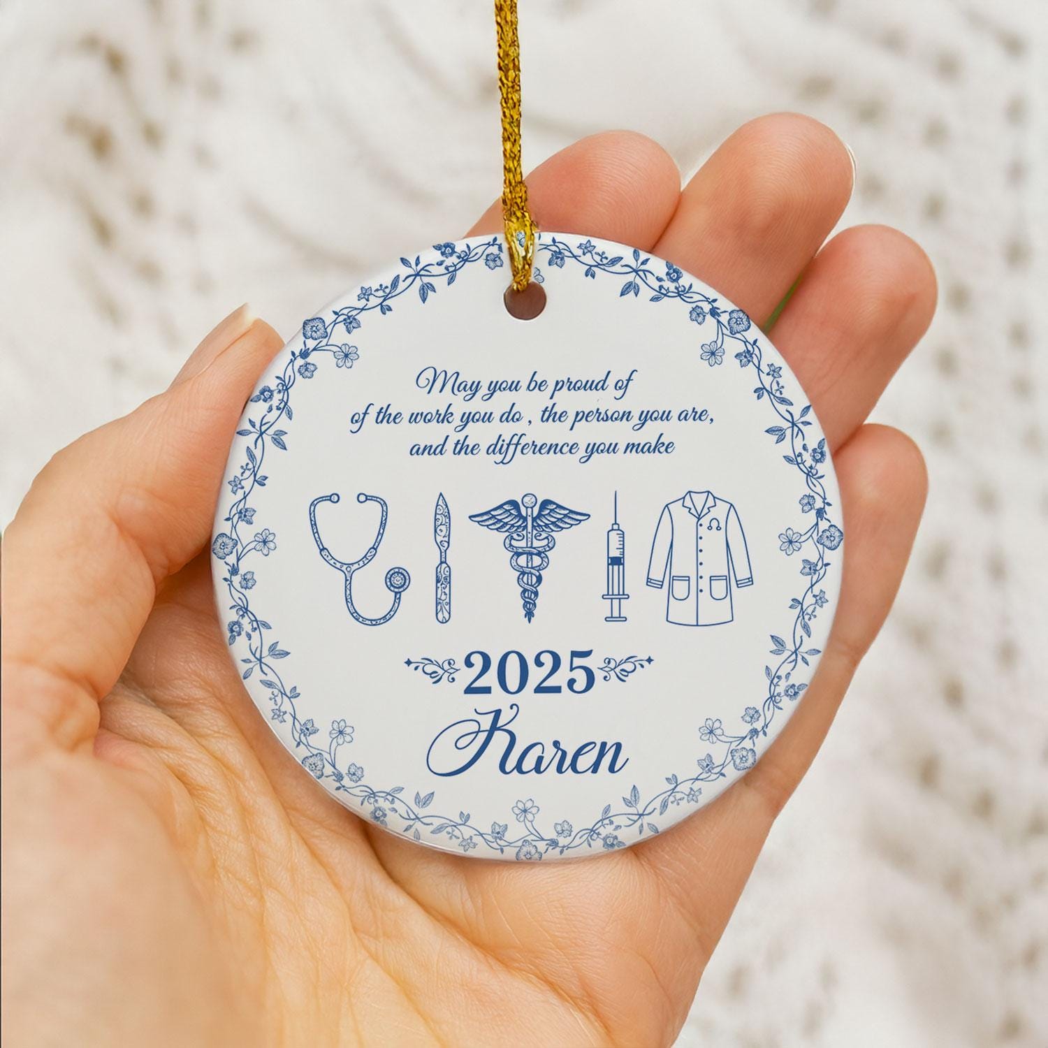 Medical Ceramic Ornament, Doctor Nurse Design, Personalized Name, Blue Floral, Round, 2025