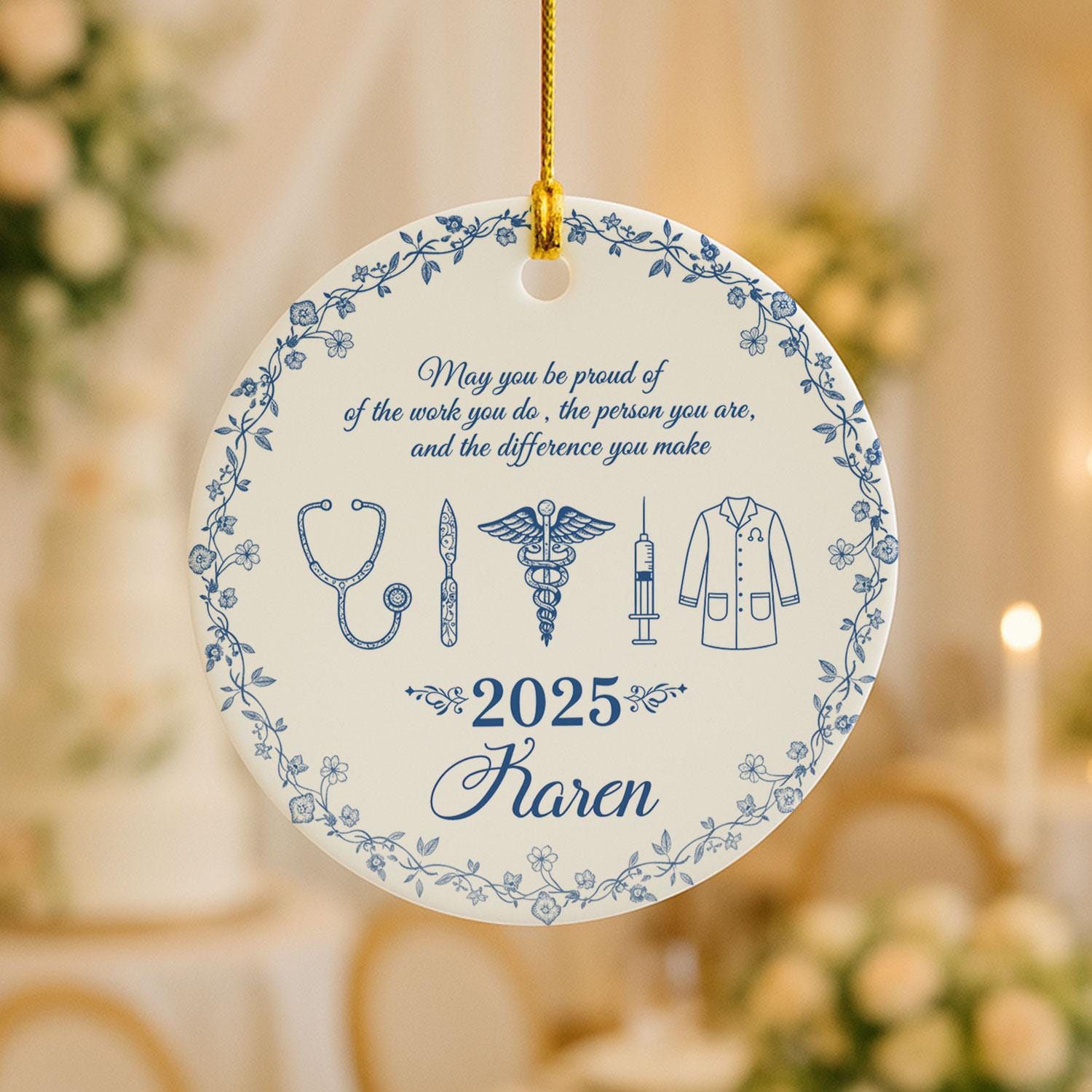 Medical Ceramic Ornament, Doctor Nurse Design, Personalized Name, Blue Floral, Round, 2025