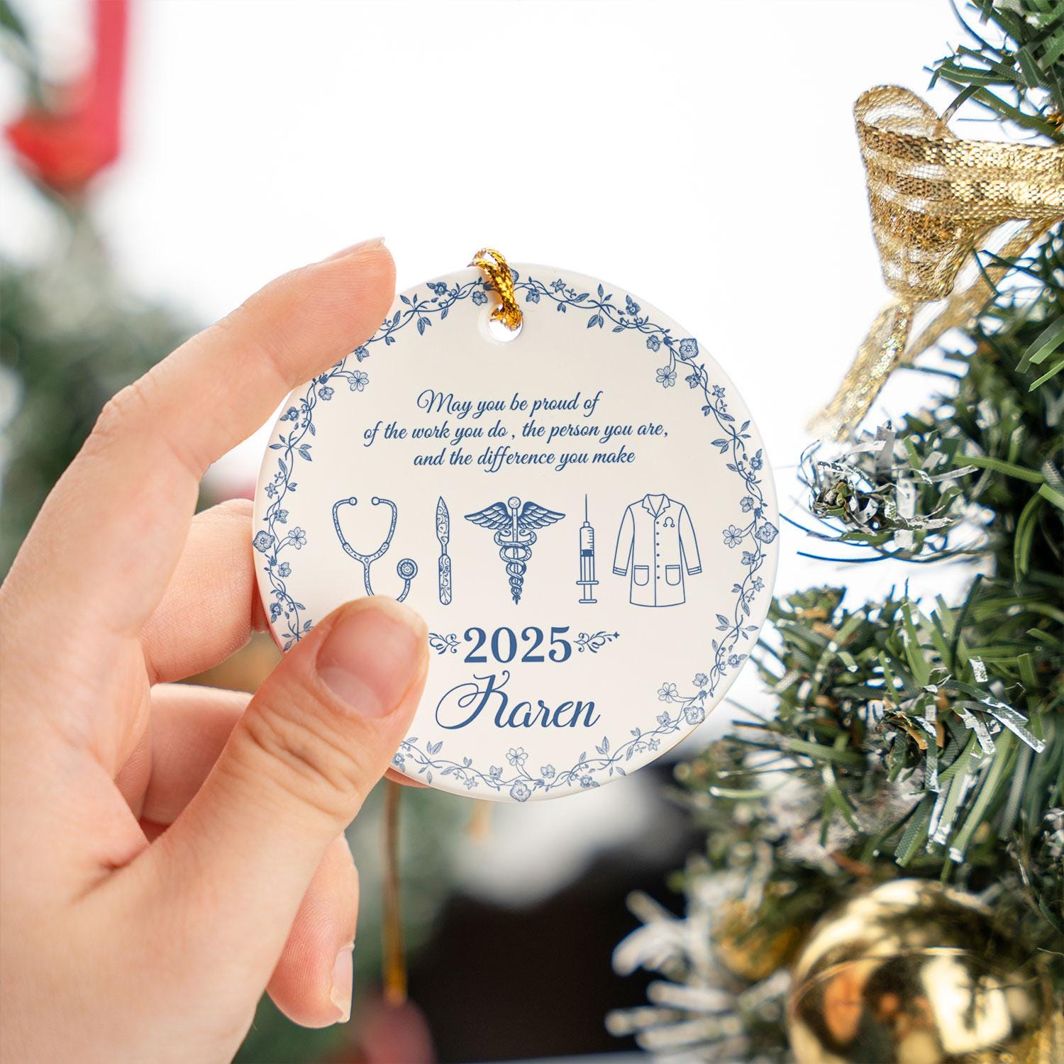 Medical Ceramic Ornament, Doctor Nurse Design, Personalized Name, Blue Floral, Round, 2025