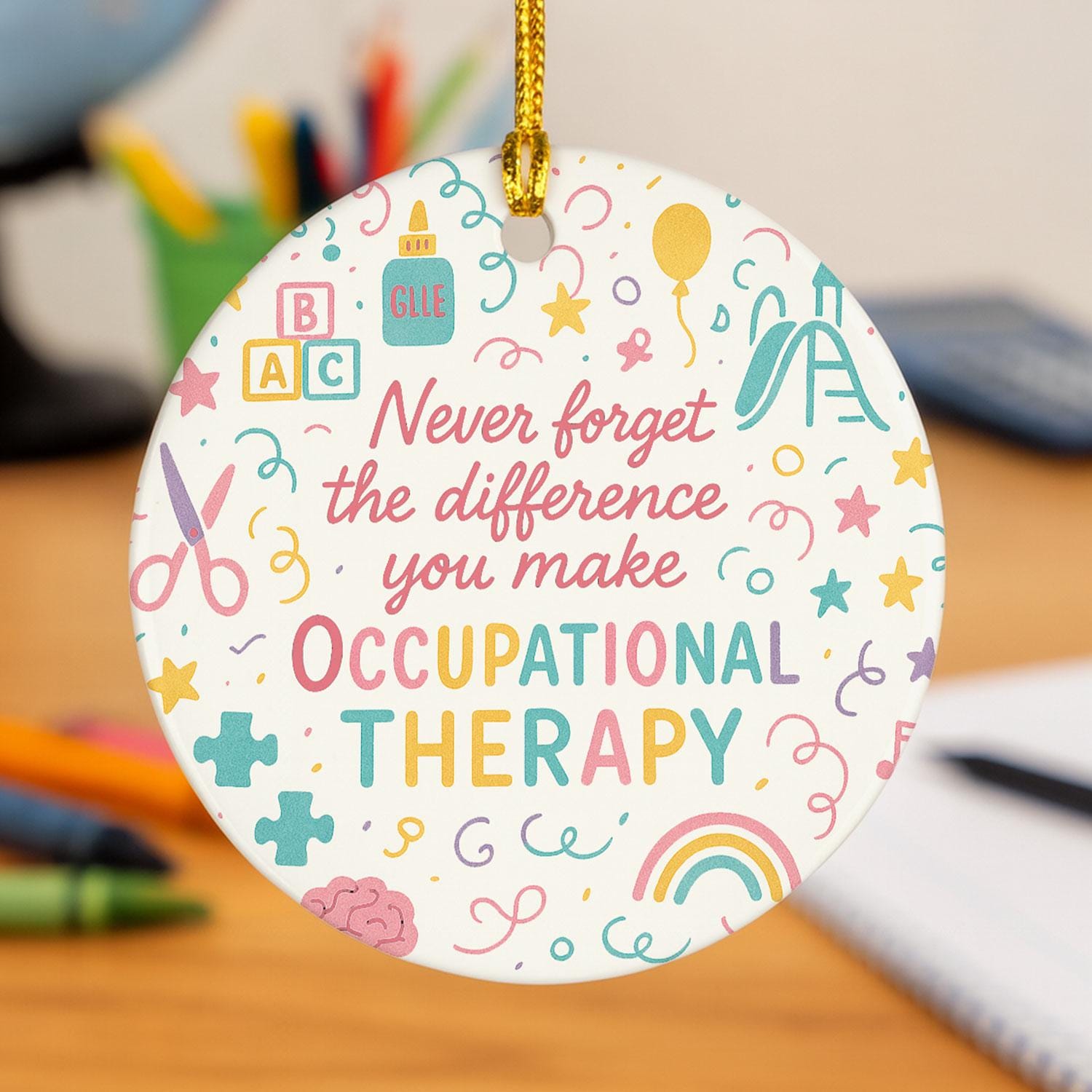 Occupational Therapy Ceramic Ornament, Round Pastel Icons, OT Decor, Clinic Wall or Tree