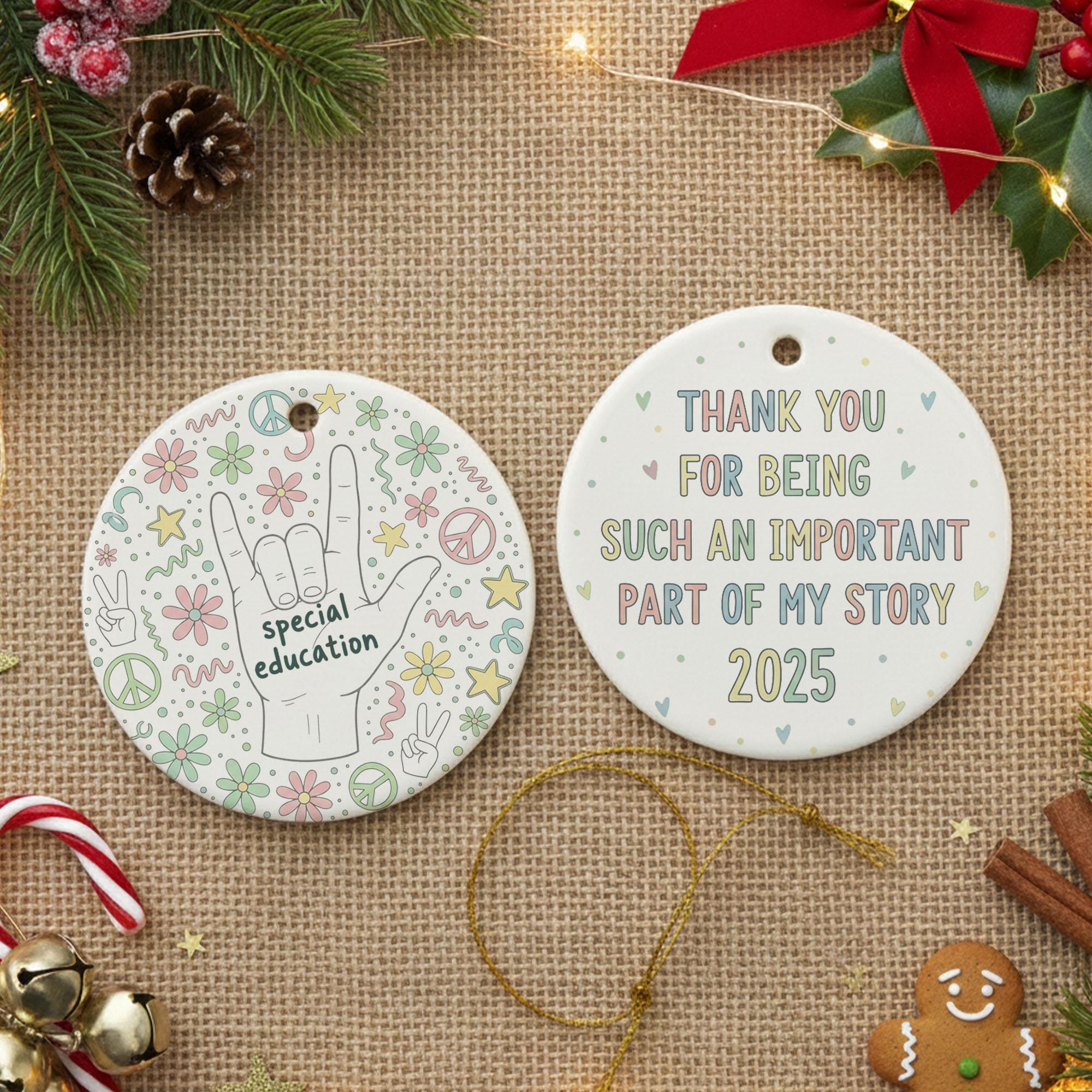 Special Education Ceramic Ornament, ASL I-Love-You Hand, Double-Sided Round, Pastel Icons