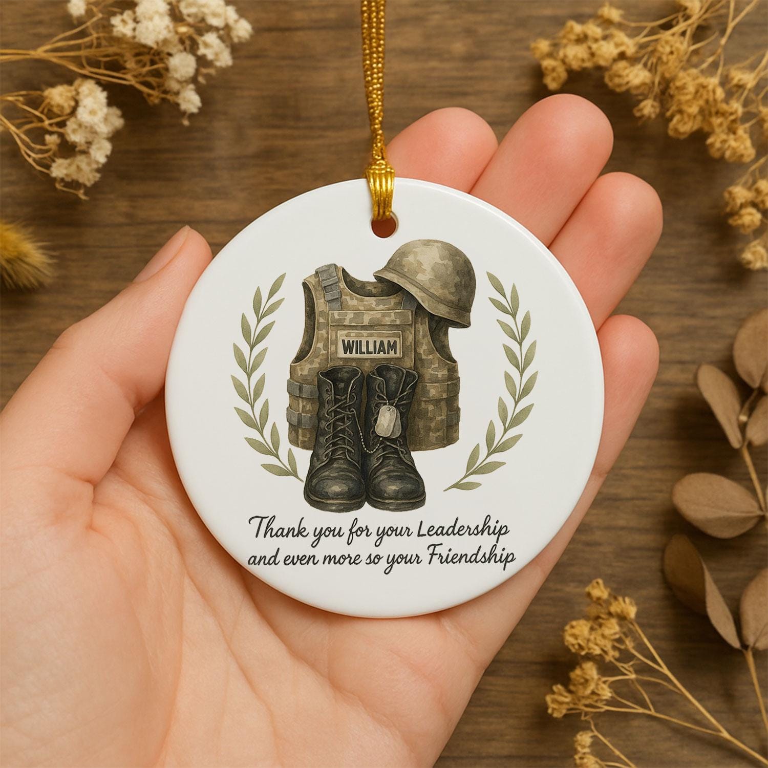 Military Ceramic Ornament, Personalized Name, Camo Gear Vest Helmet Boots, Round