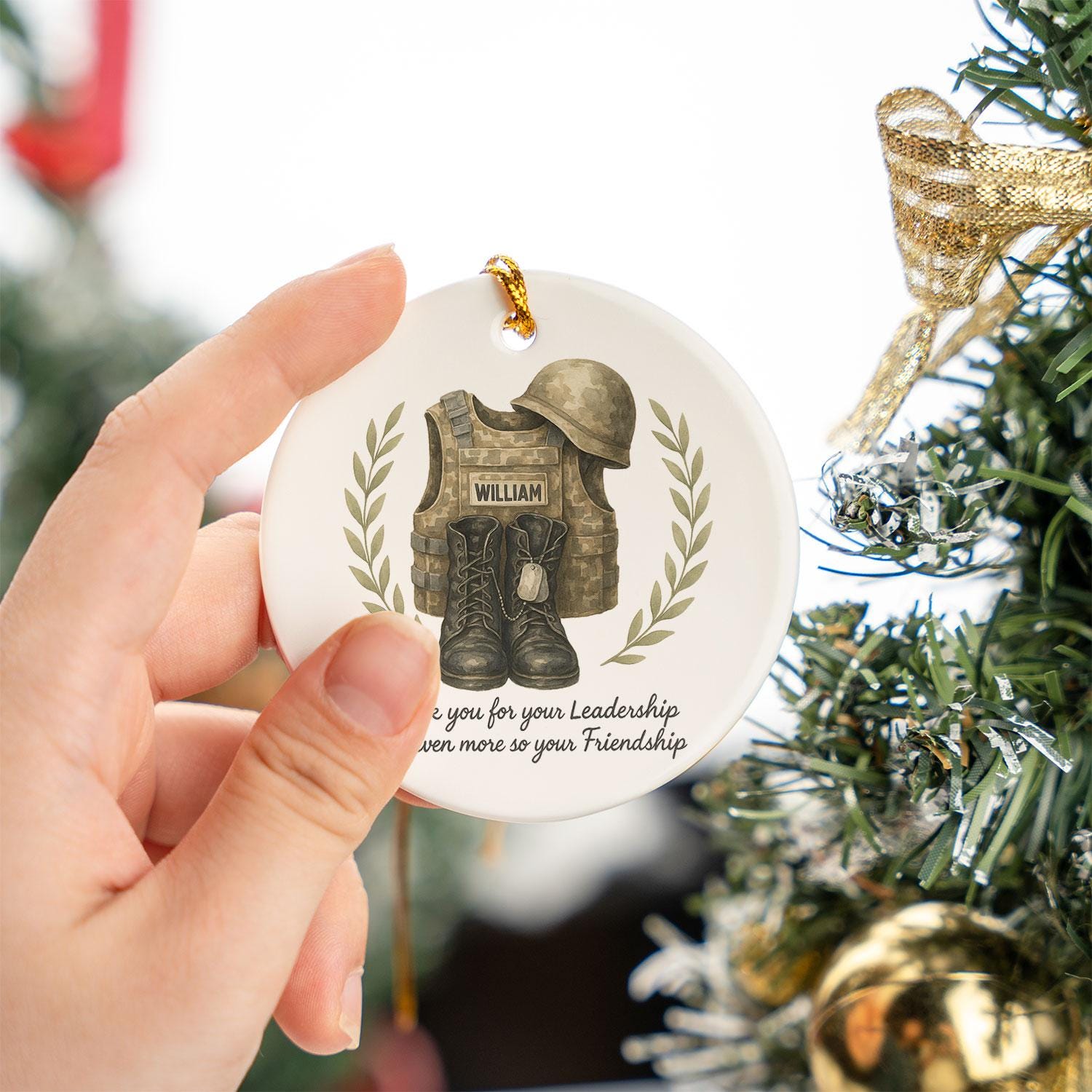 Military Ceramic Ornament, Personalized Name, Camo Gear Vest Helmet Boots, Round