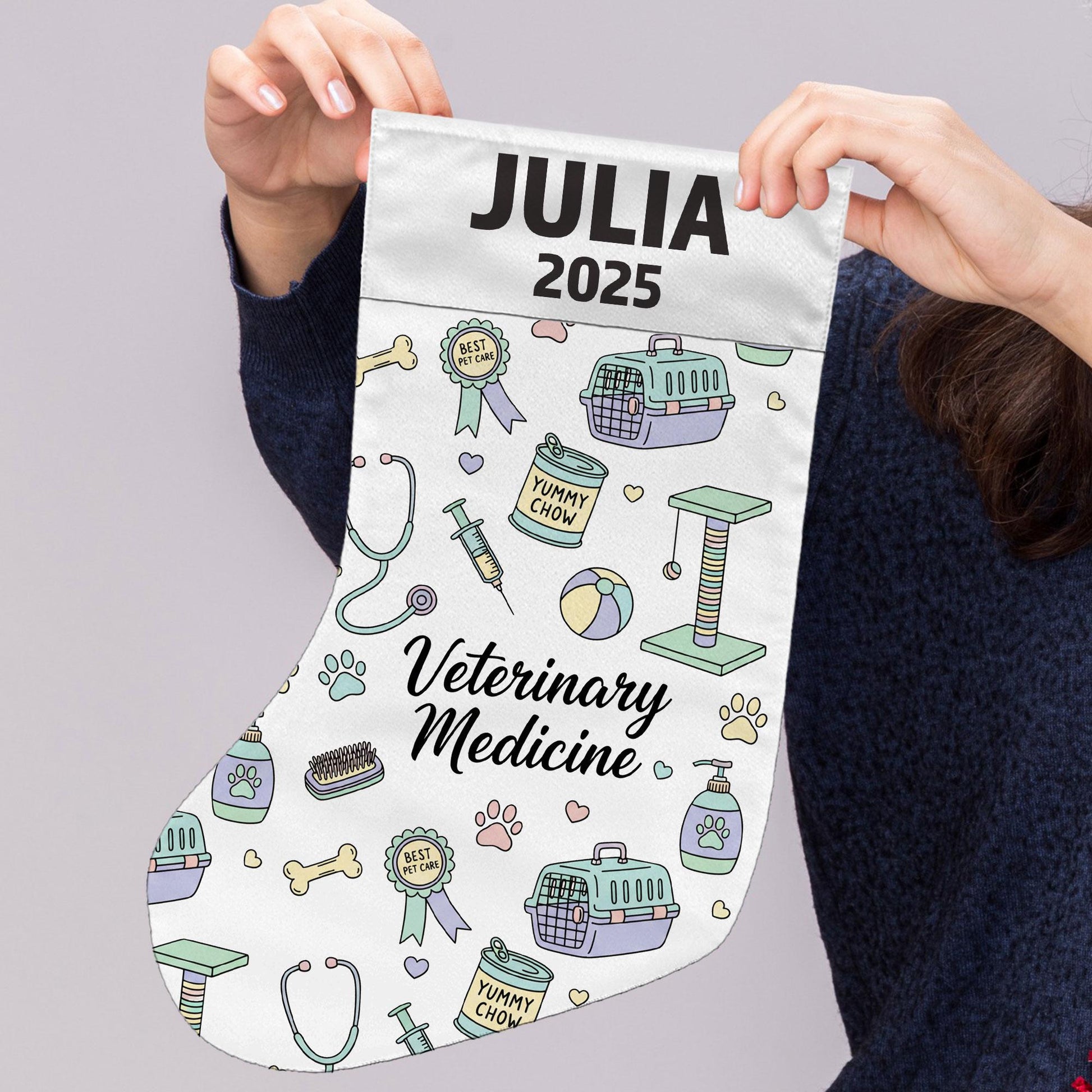 Veterinary Christmas Stocking, Personalized Name Year, Pet Clinic Icons, White Fabric