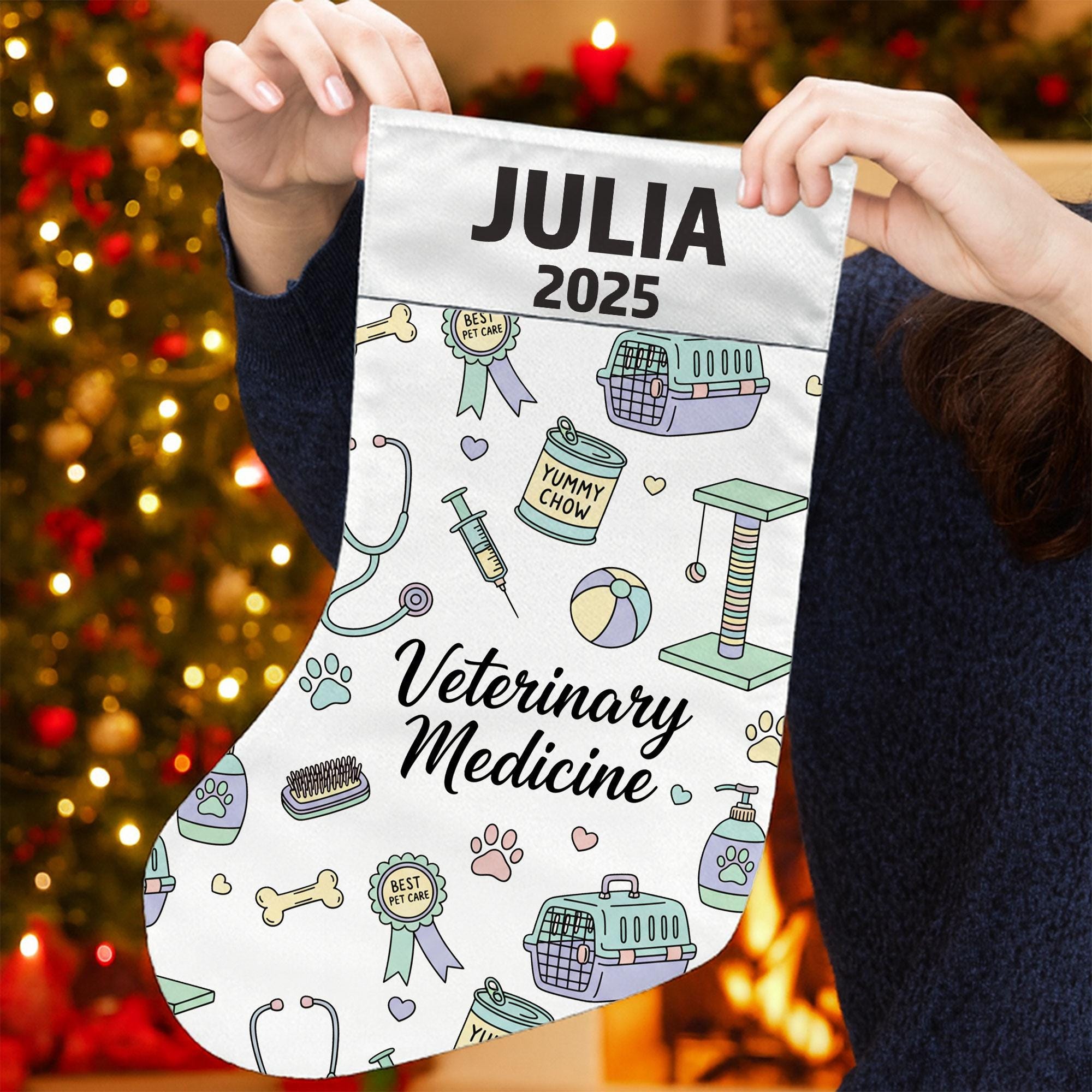Veterinary Christmas Stocking, Personalized Name Year, Pet Clinic Icons, White Fabric