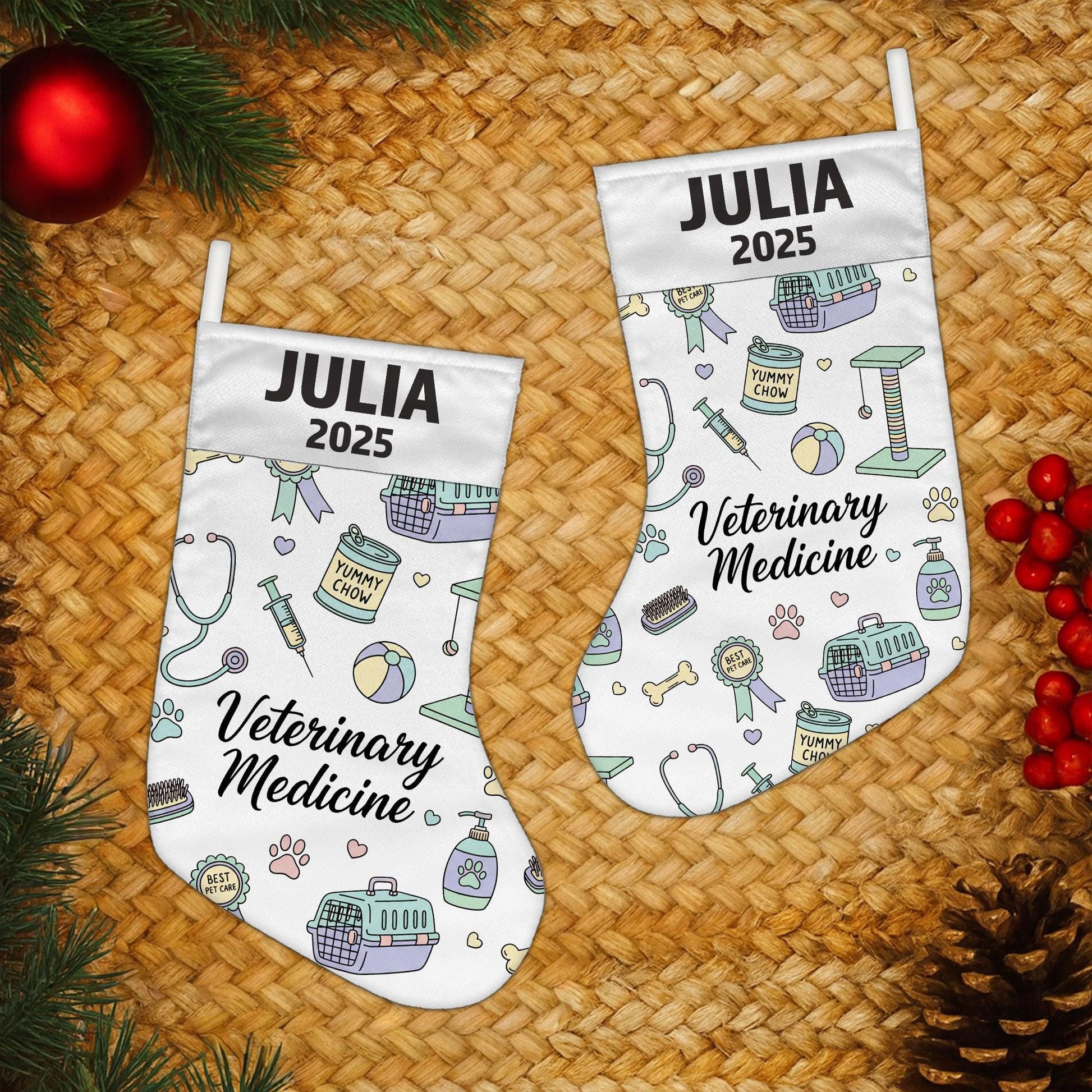 Veterinary Christmas Stocking, Personalized Name Year, Pet Clinic Icons, White Fabric