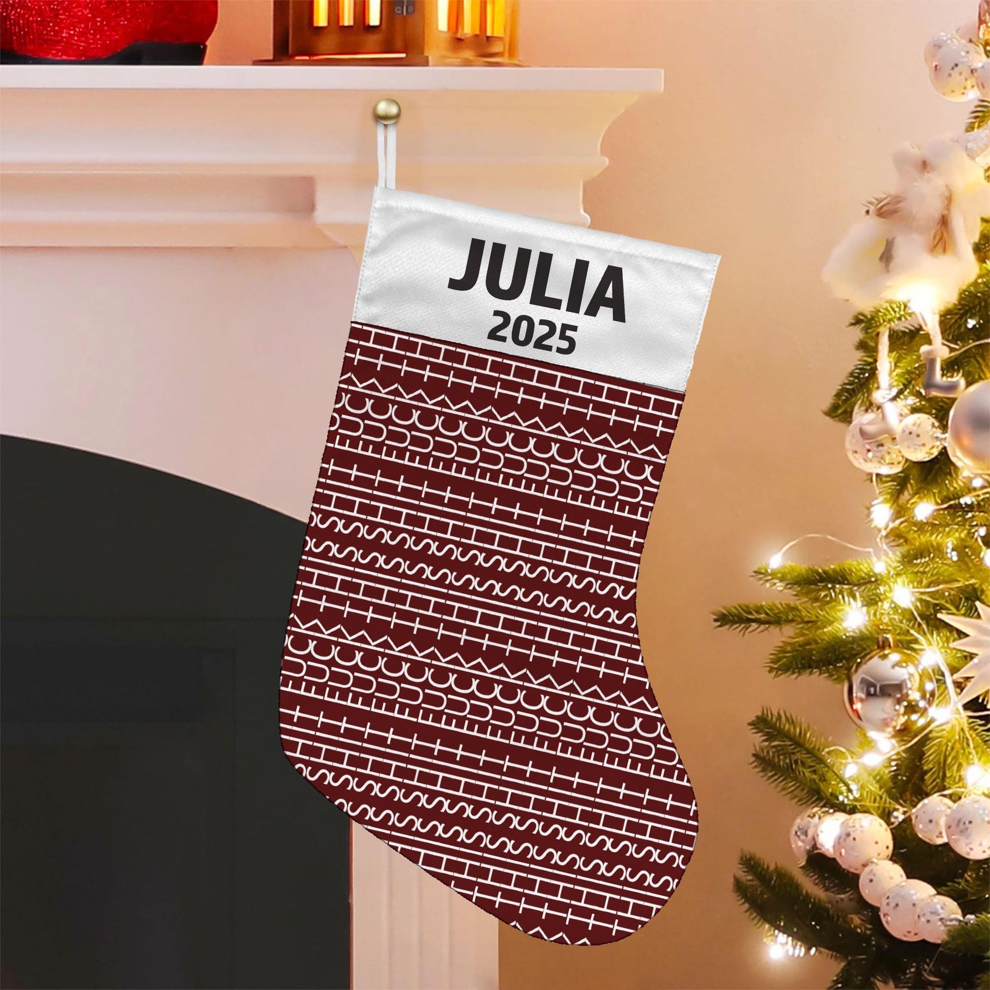 Hidden Swear Message Christmas Stocking, Personalized Name Year, Red Pattern Fabric