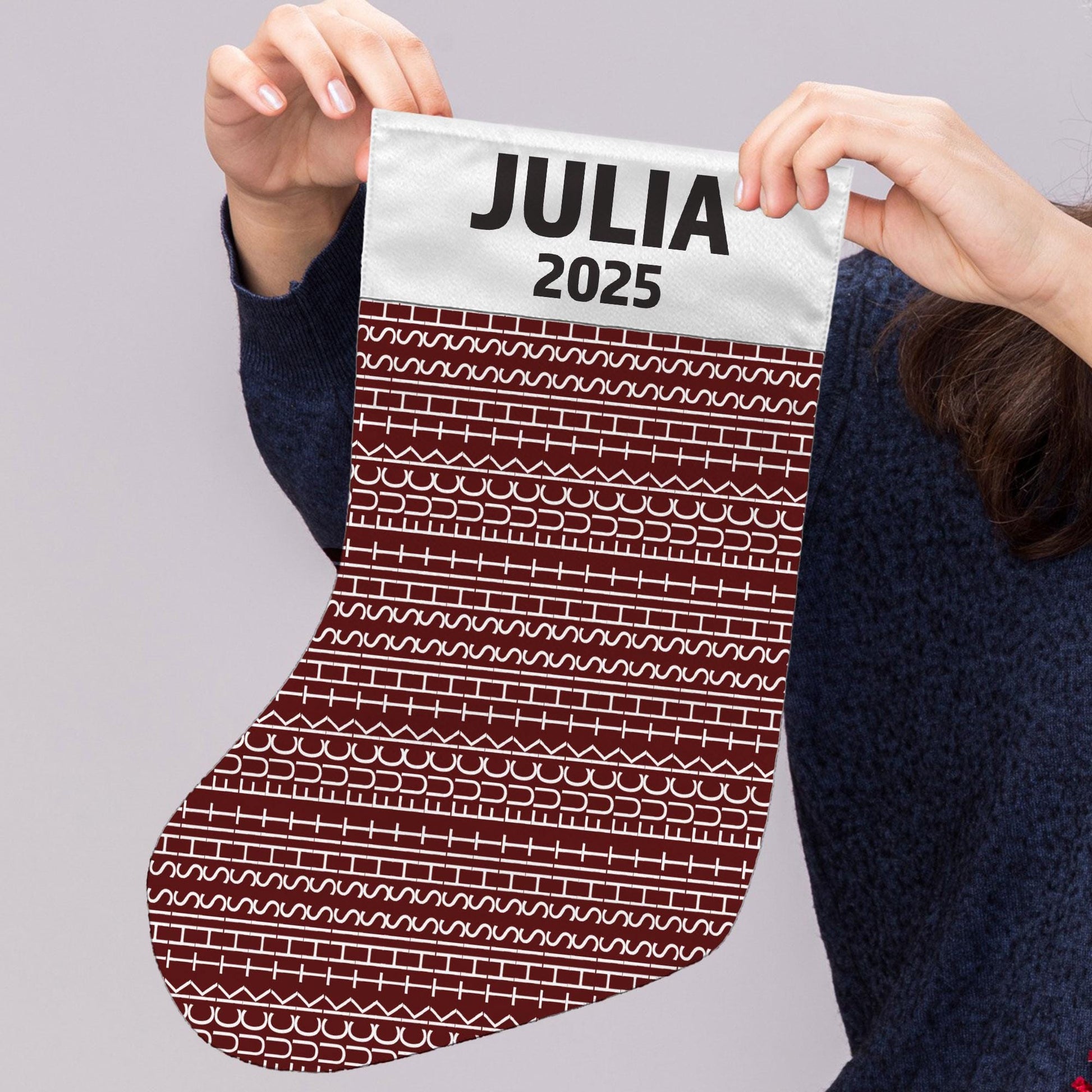 Hidden Swear Message Christmas Stocking, Personalized Name Year, Red Pattern Fabric