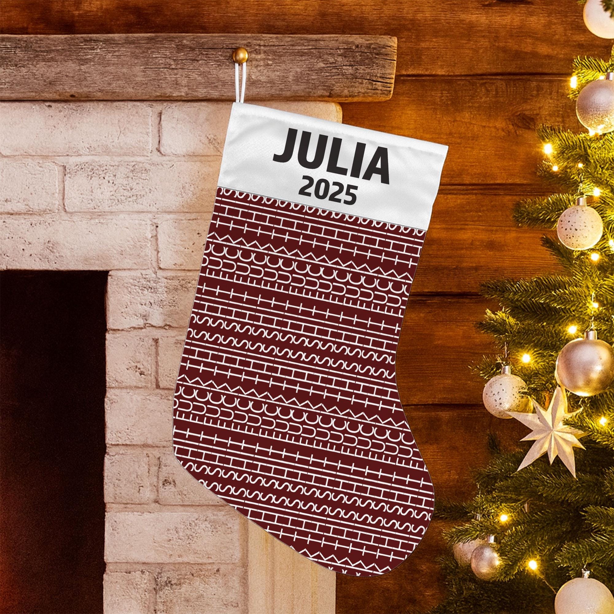 Hidden Swear Message Christmas Stocking, Personalized Name Year, Red Pattern Fabric