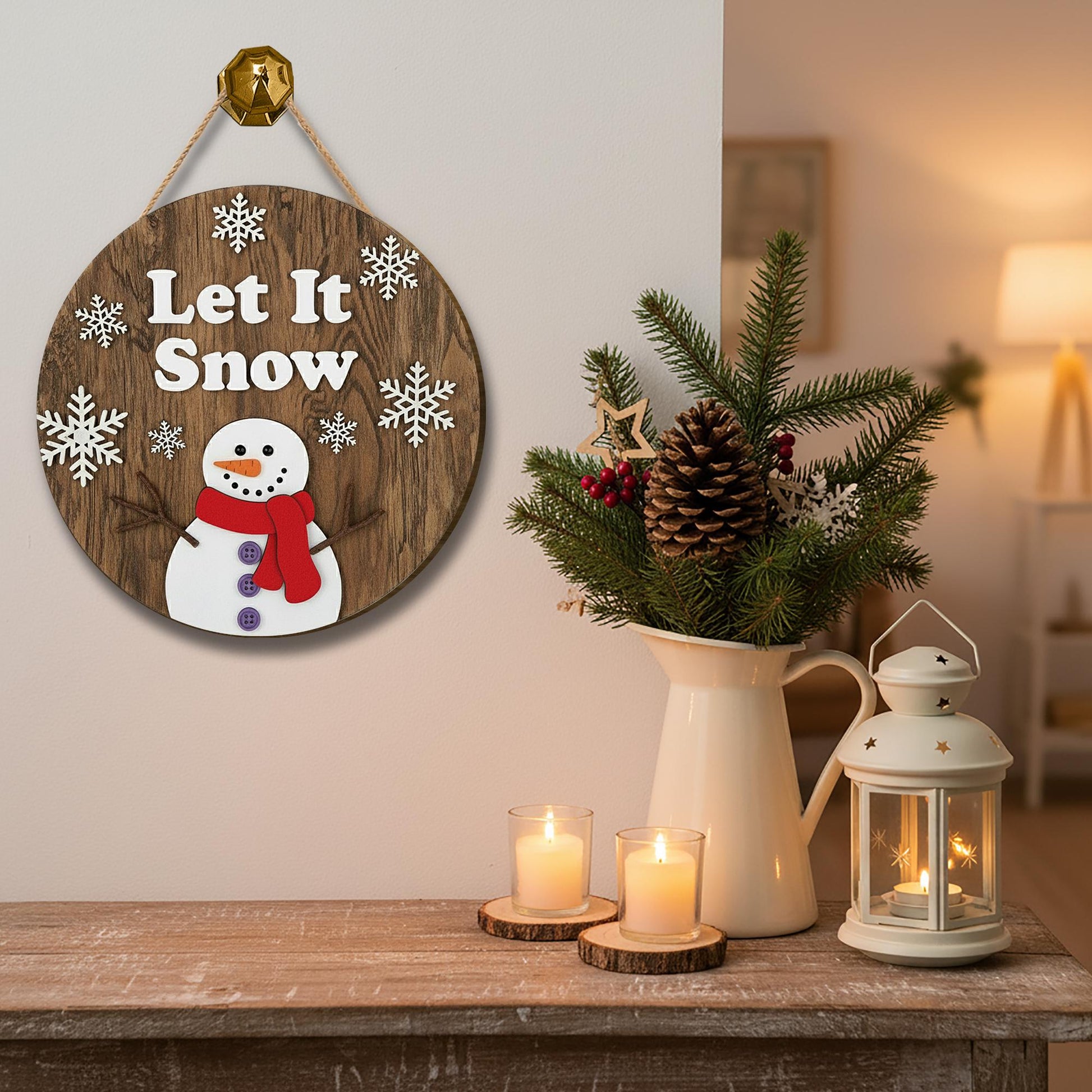 Rustic Wood Snowman Ornament – Let It Snow Christmas Gift Decoration