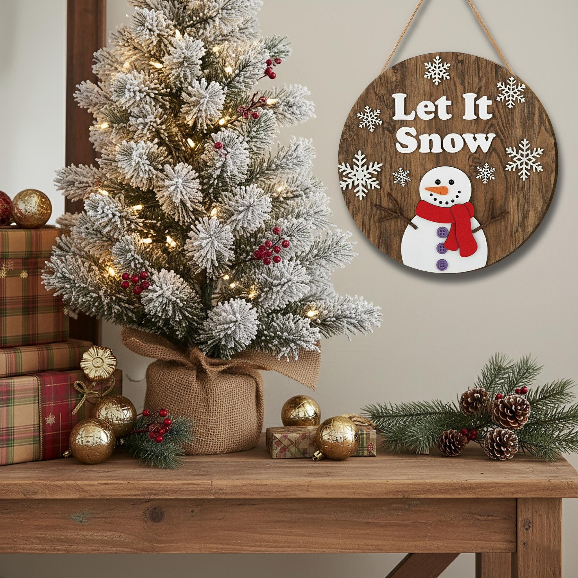 Rustic Wood Snowman Ornament – Let It Snow Christmas Gift Decoration