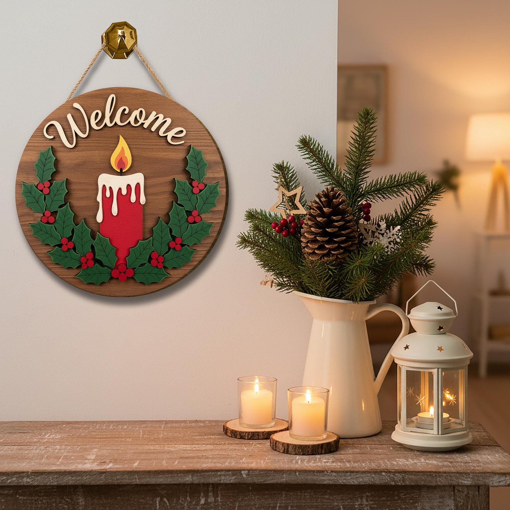 Welcome Christmas Door Sign – Wooden Holiday Candle Decoration for Winter Décor