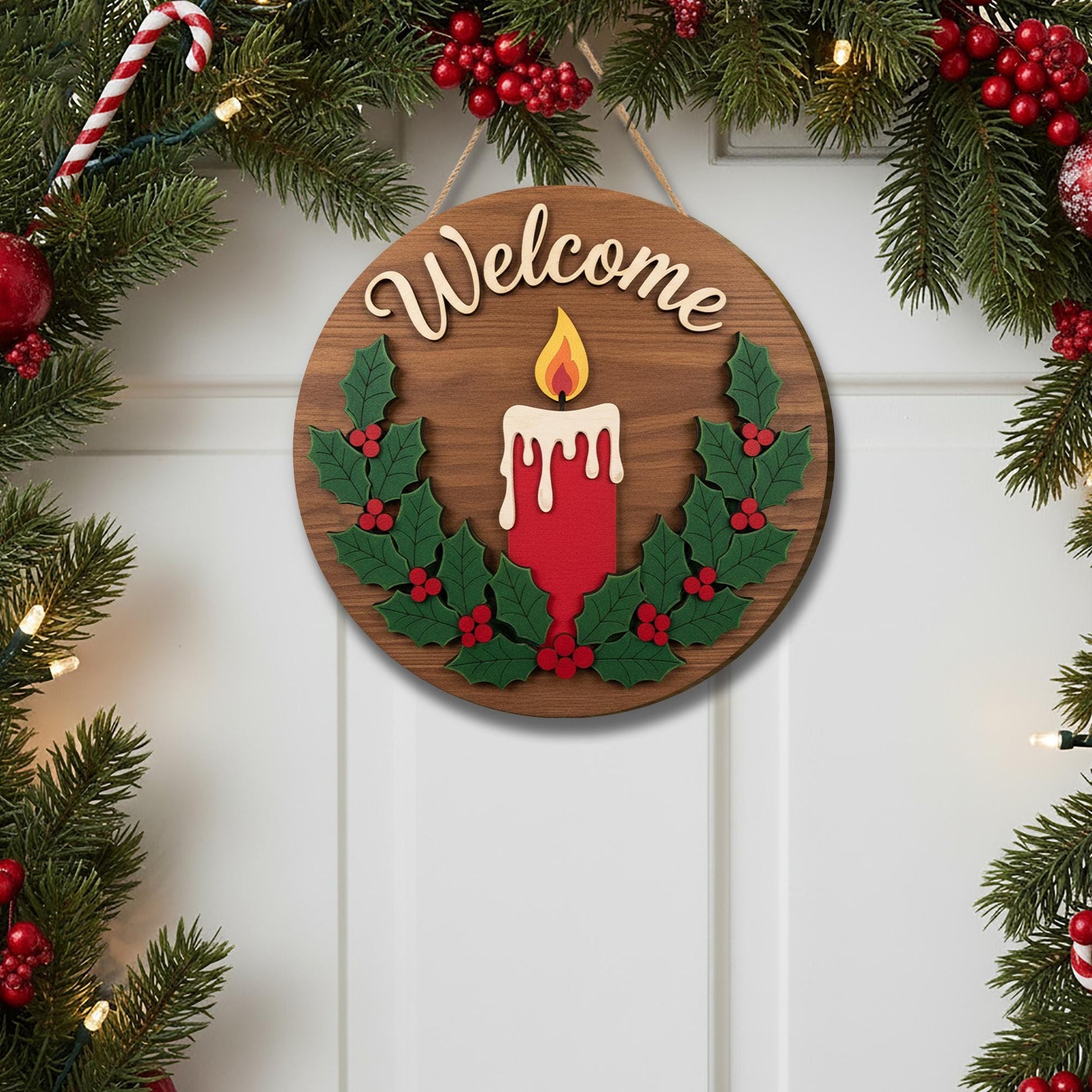 Welcome Christmas Door Sign – Wooden Holiday Candle Decoration for Winter Décor